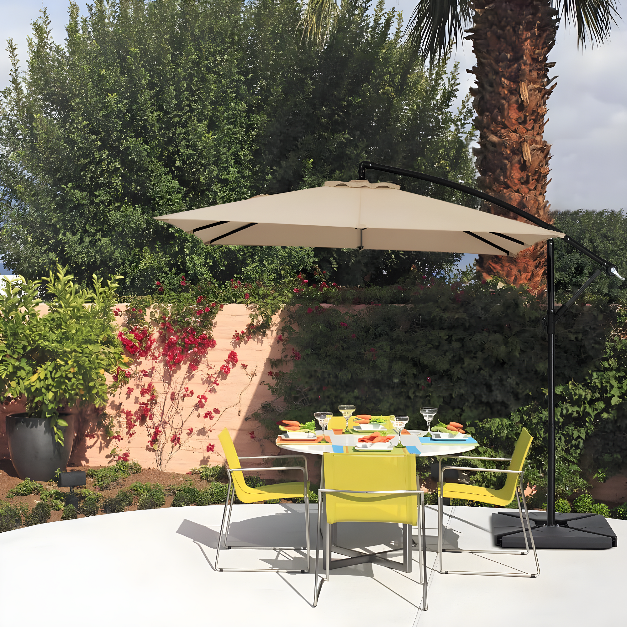 JUSTLET 8 x 8 ft Outdoor Square Hanging Offset Cantilever Umbrella for Garden, Base Included, Beige