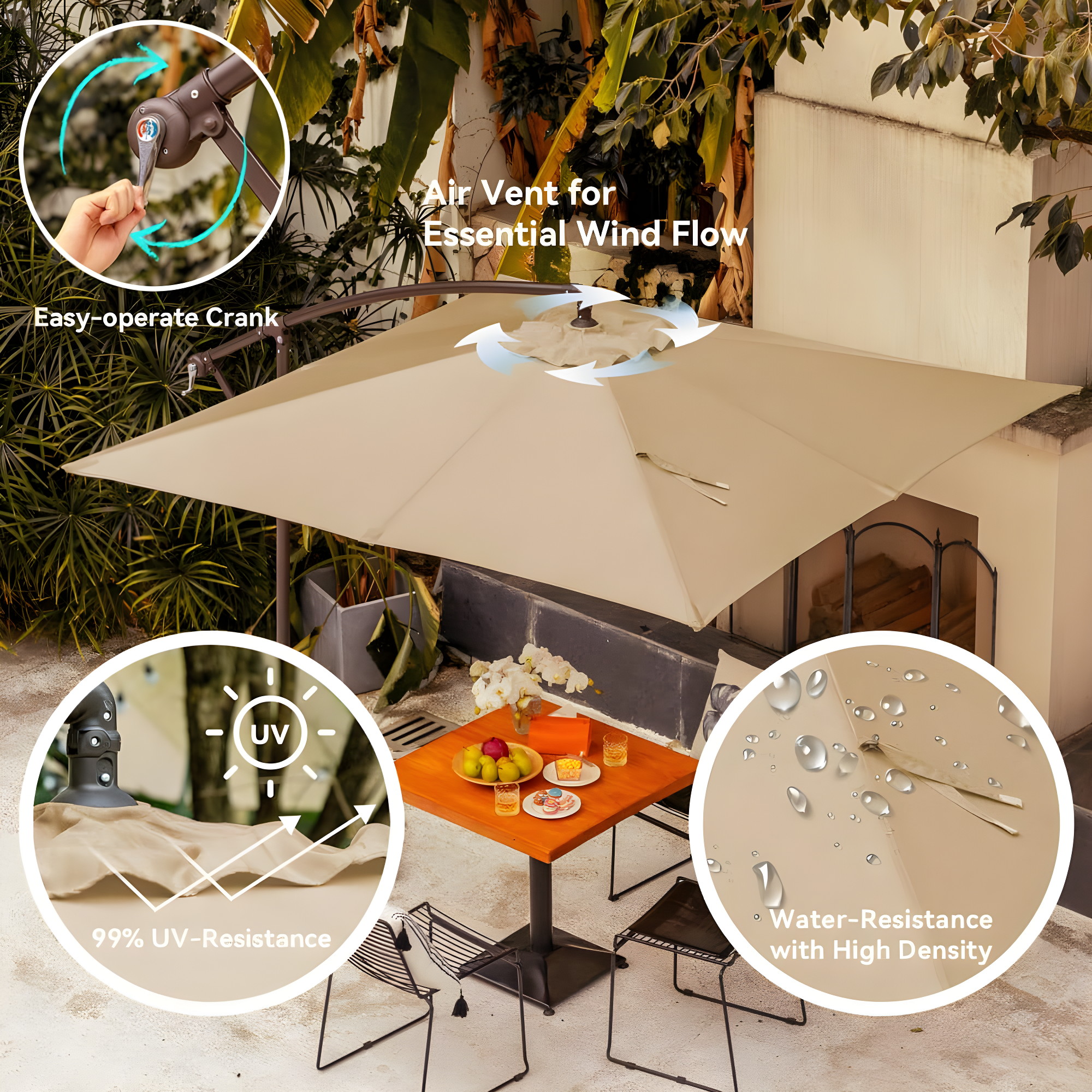 JUSTLET 8 x 8 ft Outdoor Square Hanging Offset Cantilever Umbrella for Garden, Base Included, Beige