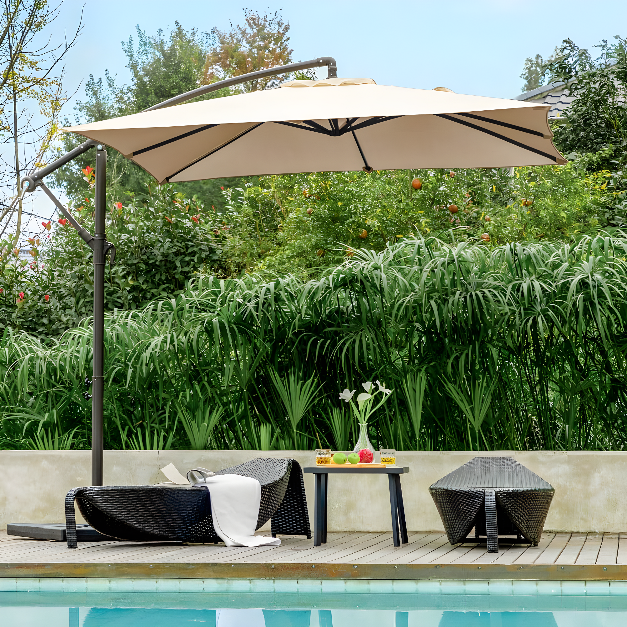 JUSTLET 8 x 8 ft Outdoor Square Hanging Offset Cantilever Umbrella for Garden, Base Included, Beige