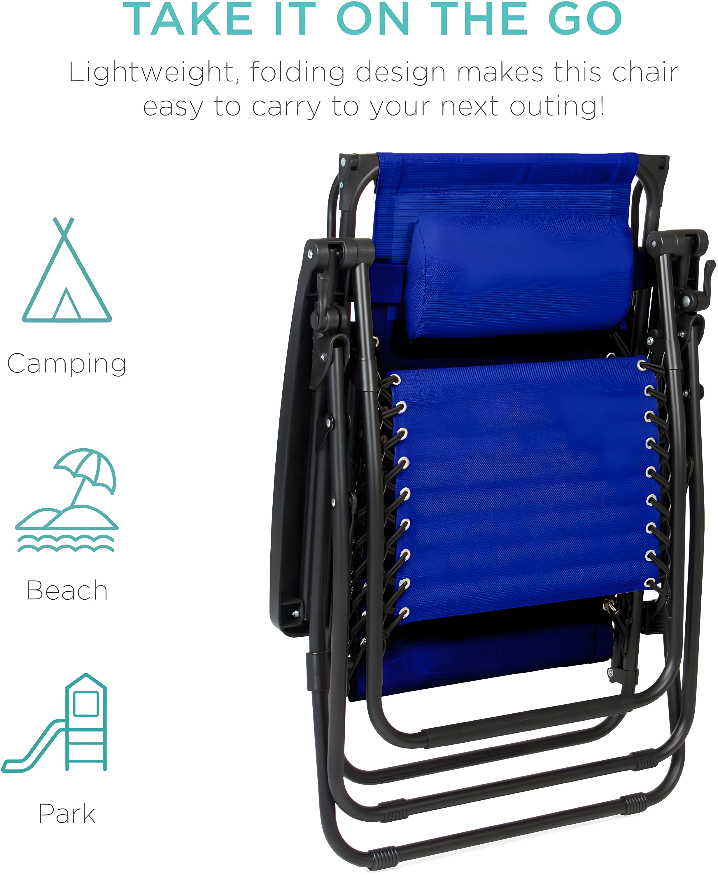 Best Choice Products Folding Zero Gravity Recliner Patio Lounge Chair w/ Canopy Shade, Headrest, Tray - Cobalt Blue