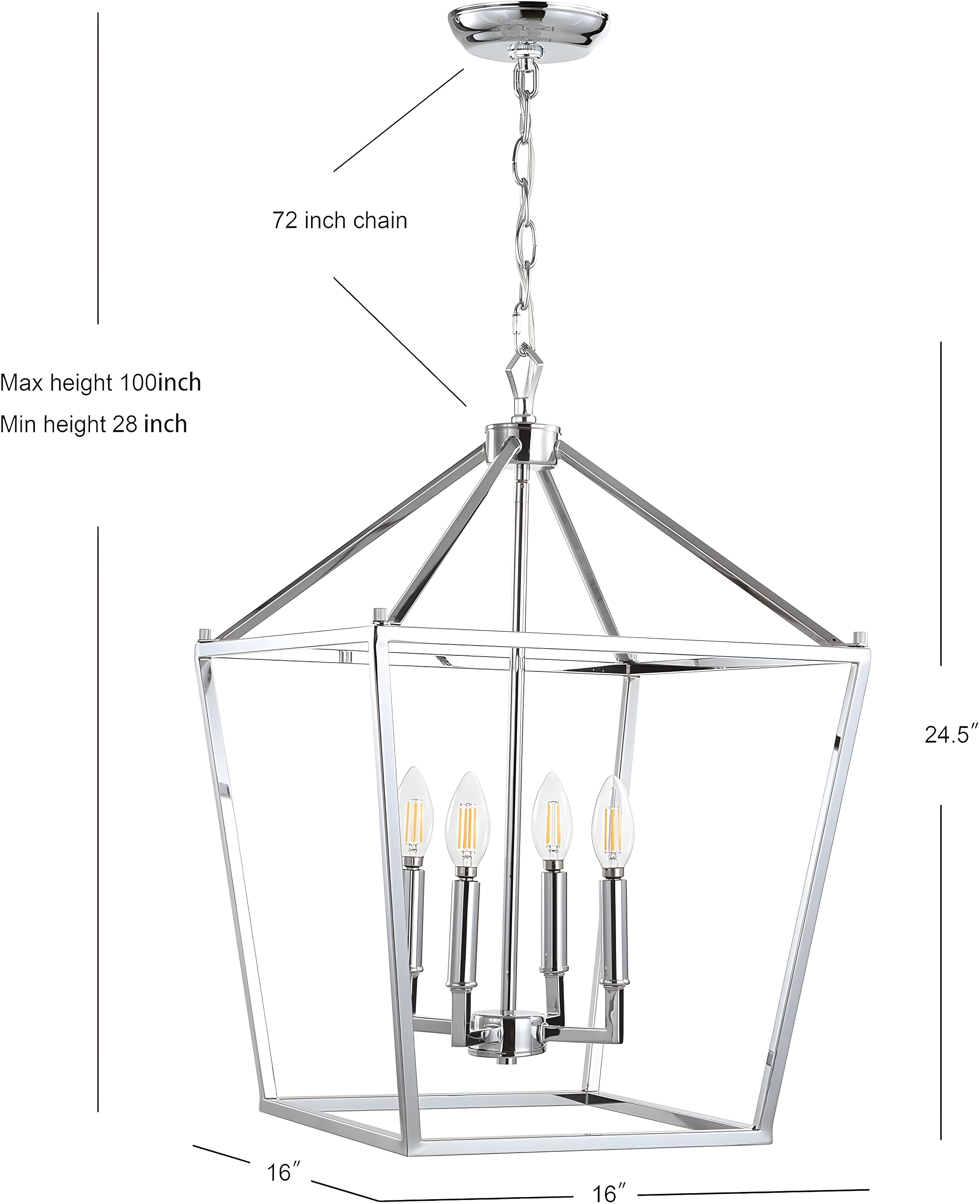 Pagoda 16" 4-Bulb Lantern Metal LED Pendant, Chrome
