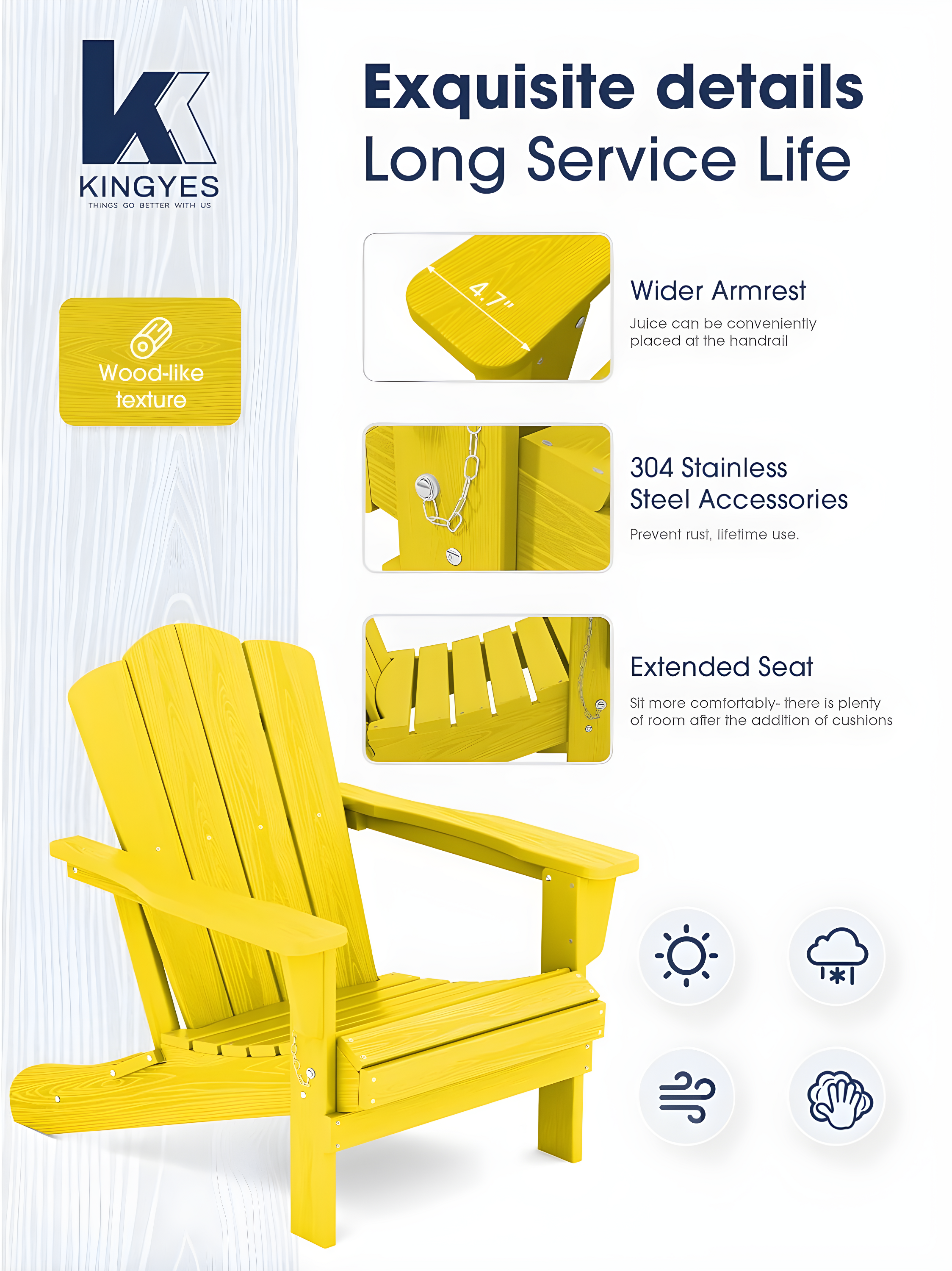 KINGYES Folding Adirondack Chair Set of 2, HDPE All-Weather Folding Adirondack Chair, Yellow