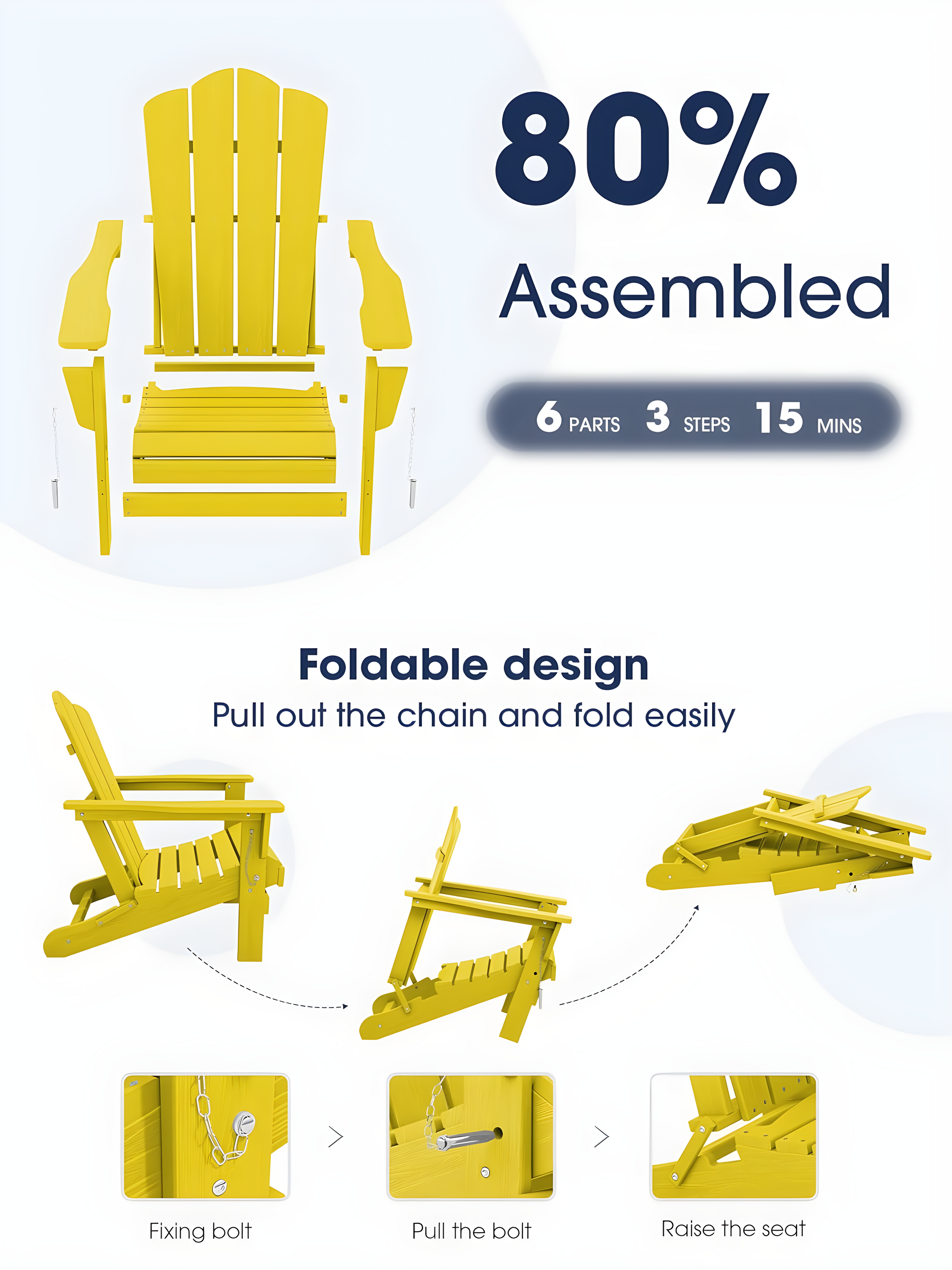 KINGYES Folding Adirondack Chair Set of 2, HDPE All-Weather Folding Adirondack Chair, Yellow