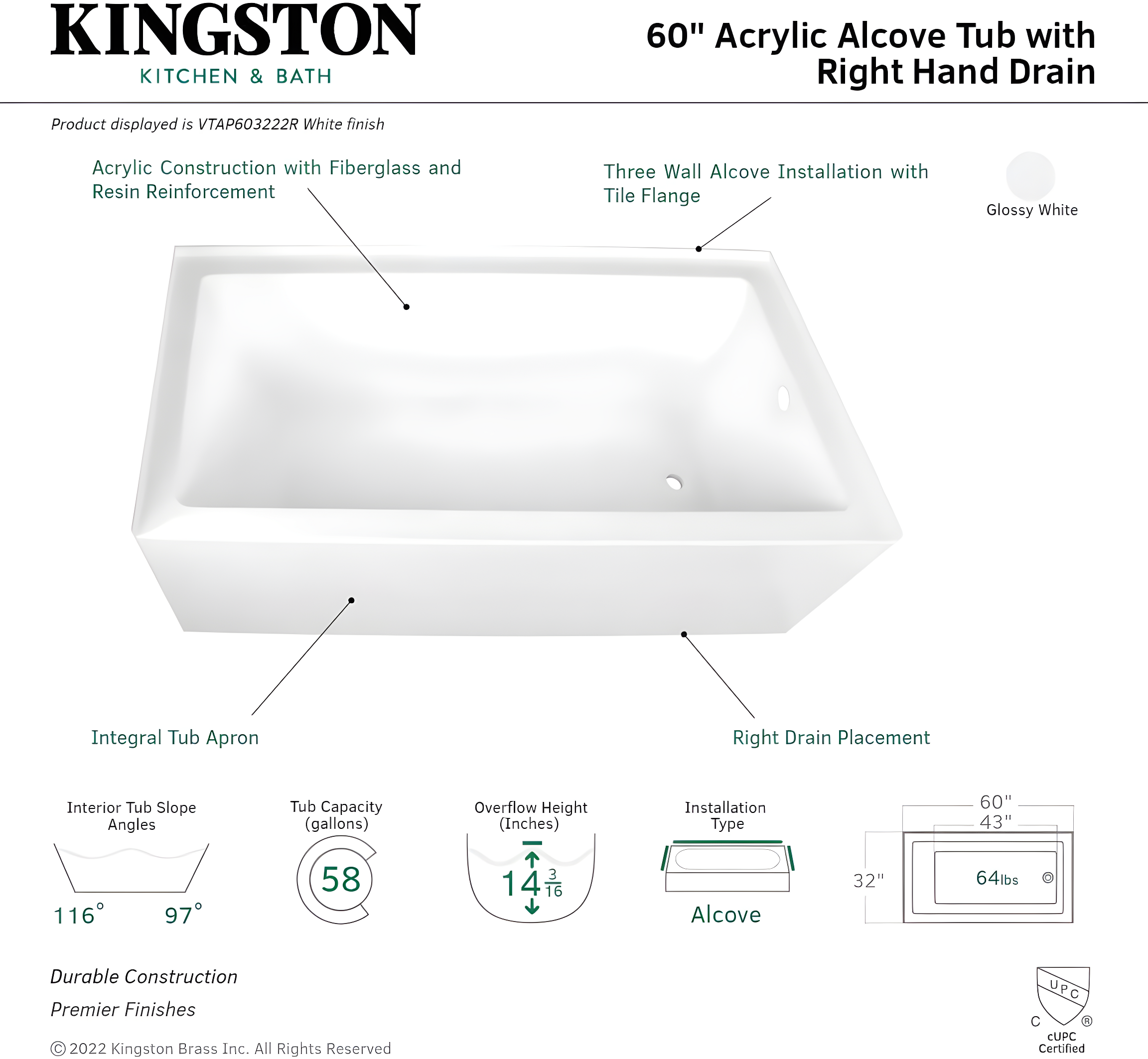 Aqua Eden VTAP603222R 60-Inch Acrylic 3-Wall Alcove Tub with Right Hand Drain Hole, White