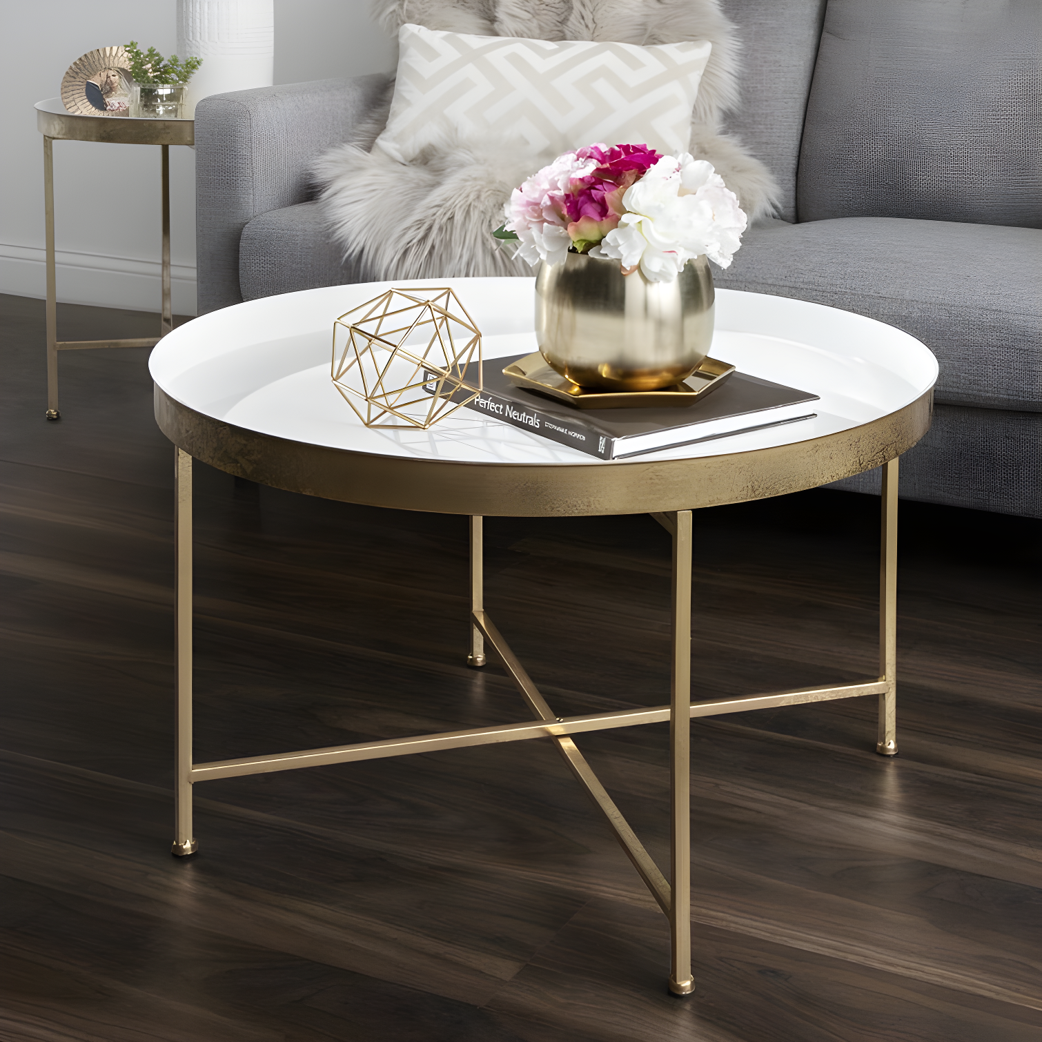 Kate and Laurel Celia Round Metal Coffee Table, 28.25x28.25x19, White and Gold