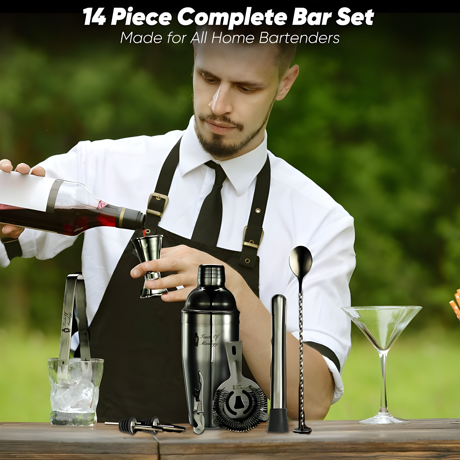 Touch of Mixology Premium 14 Piece Stainless Steel Bartender Kit with Bamboo Stand (Dark Metallic)