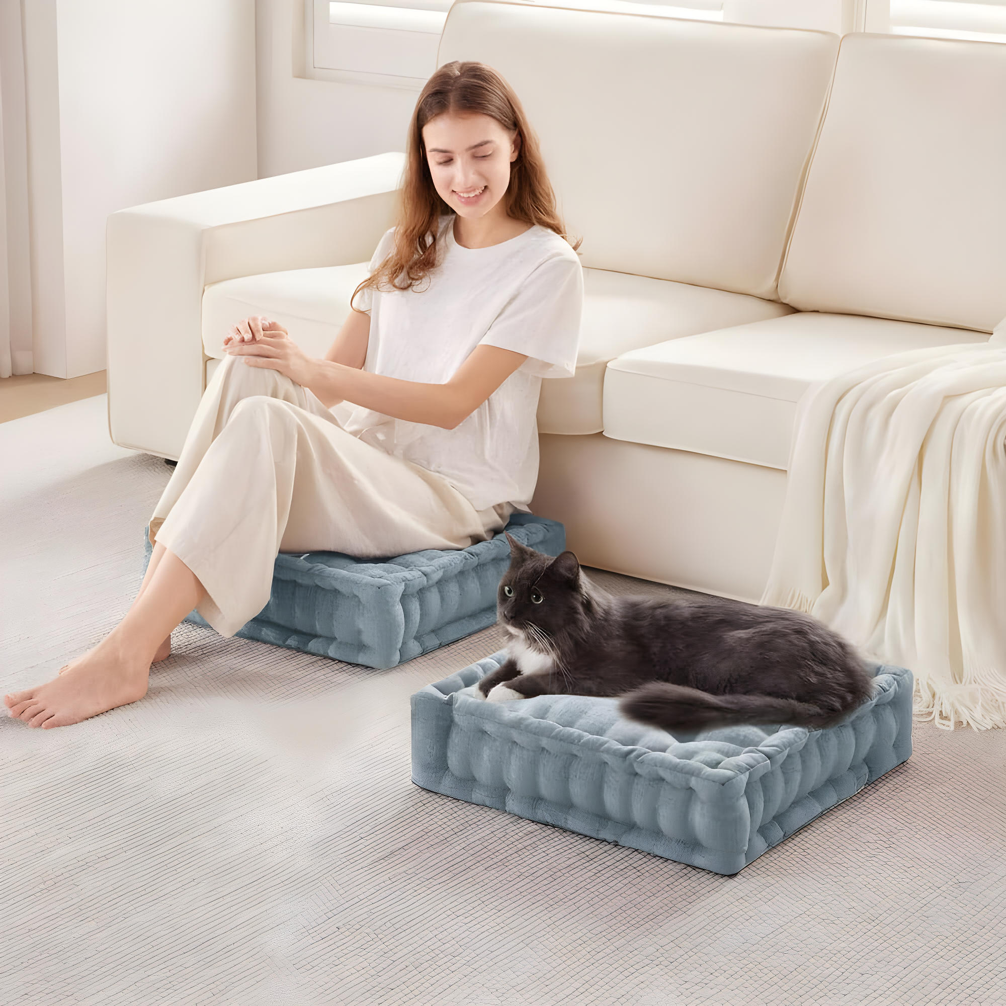 20"x20" Oversize Diah Poly Chenille Square Floor Pillow Aqua - Intelligent Design: Hypoallergenic Indoor Lounge Cushion