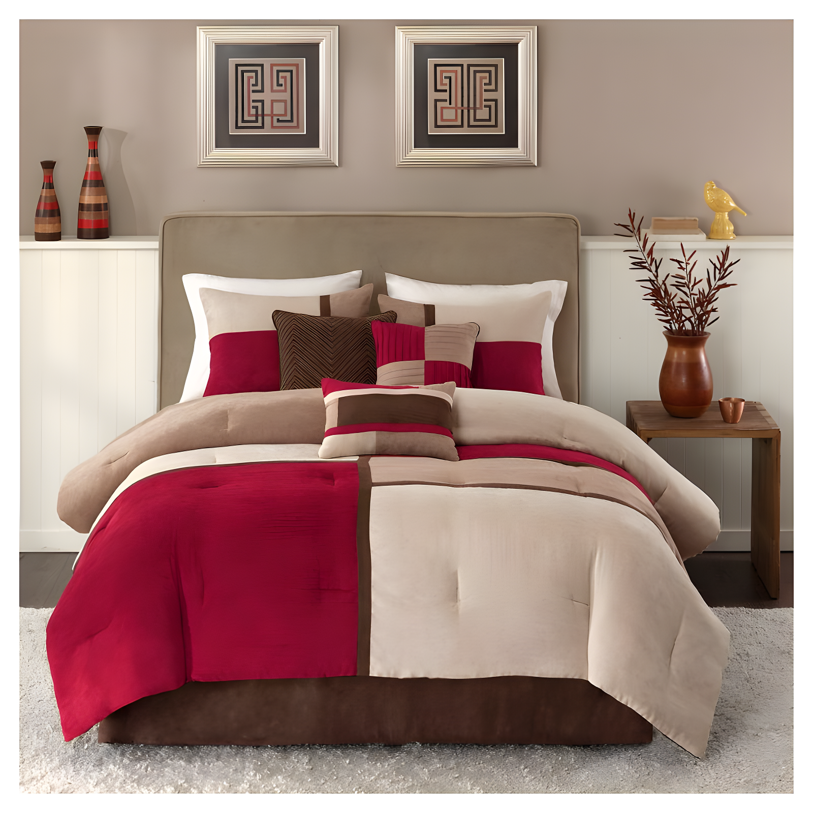 7pc California King Dakota Microsuede Comforter Set Red: Madison Park, Hypoallergenic, Embroidered, Machine Washable