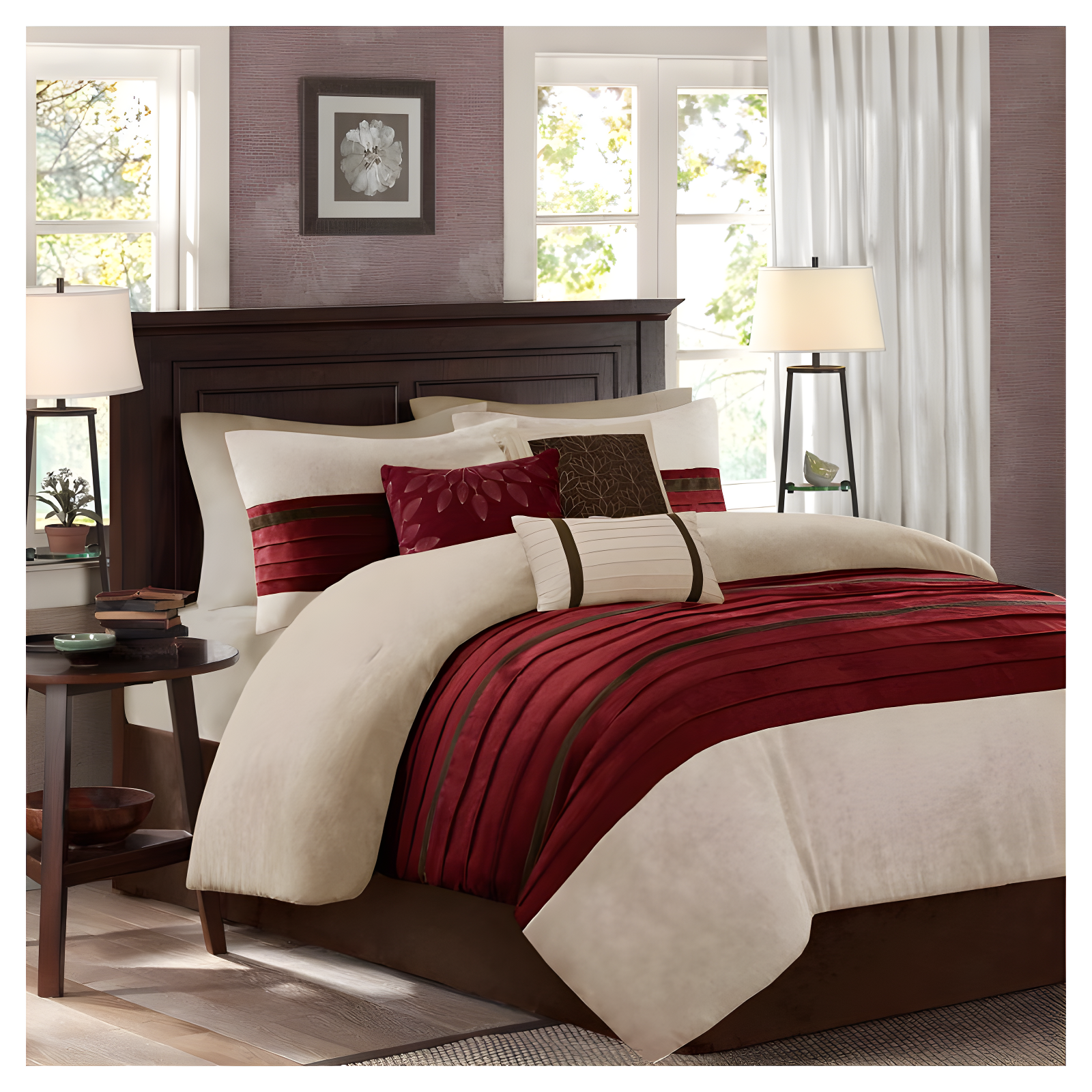 7pc California King Dakota Microsuede Comforter Set Red: Madison Park, Hypoallergenic, Embroidered, Machine Washable