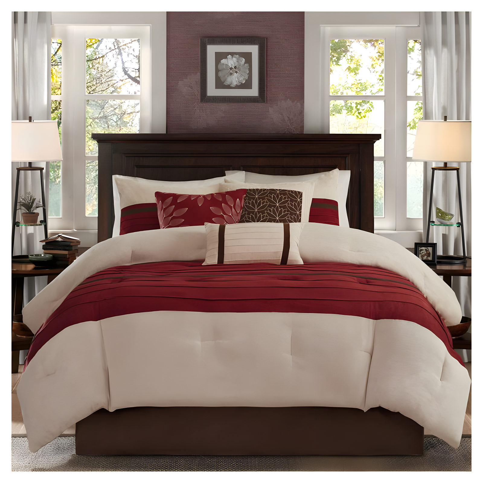 7pc California King Dakota Microsuede Comforter Set Red: Madison Park, Hypoallergenic, Embroidered, Machine Washable