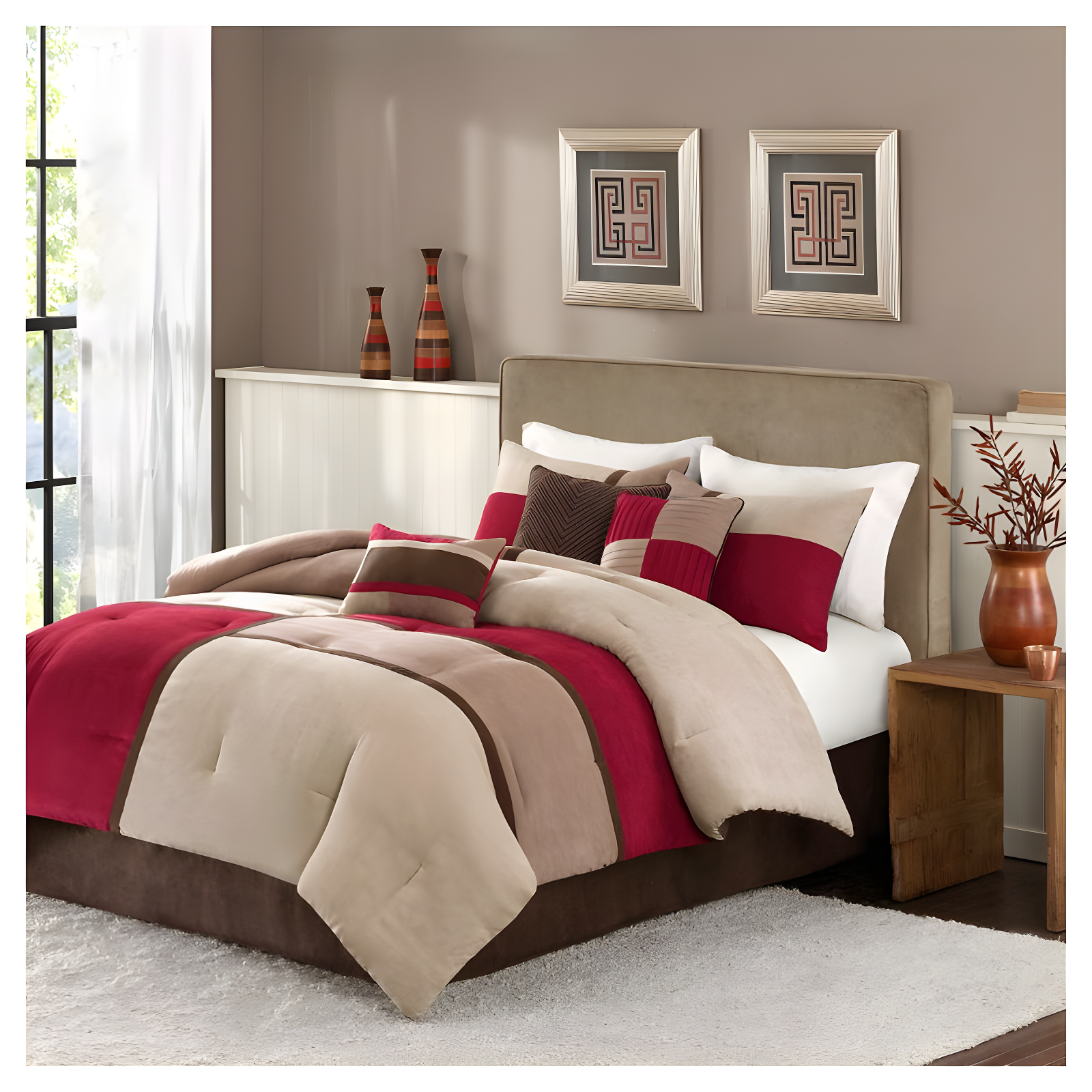 7pc California King Dakota Microsuede Comforter Set Red: Madison Park, Hypoallergenic, Embroidered, Machine Washable