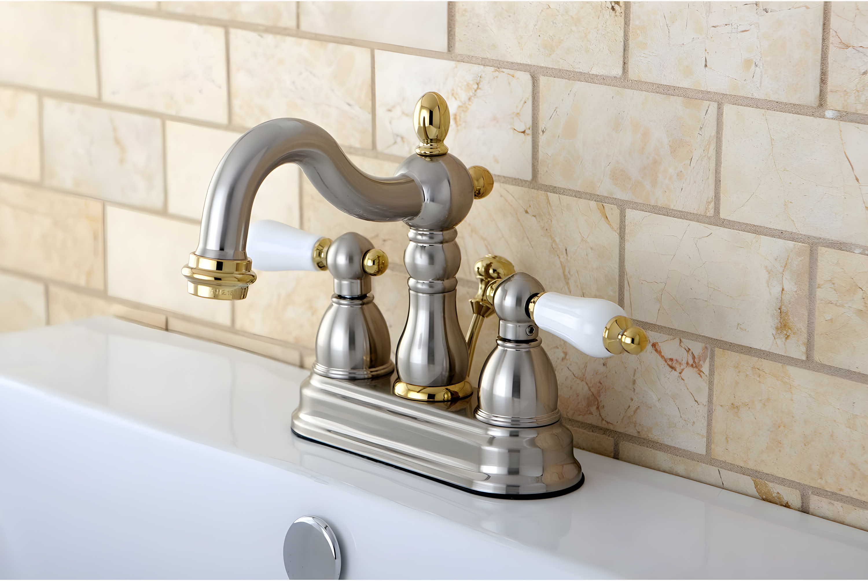Kingston Brass Heritage Two-Handle 3-Hole Deck Mount 4" Centerset Bathroom Faucet with Plastic Pop-Up