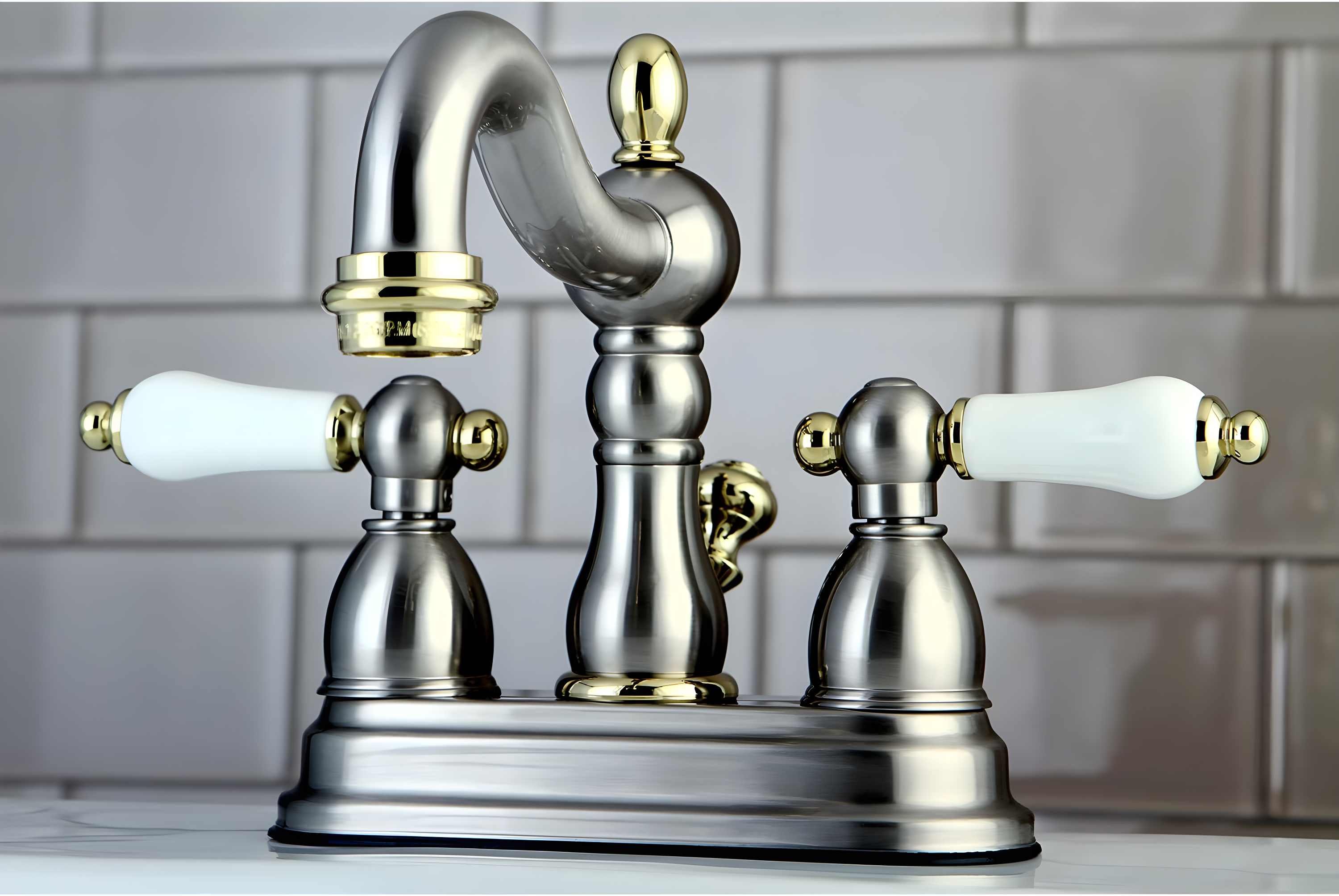 Kingston Brass Heritage Two-Handle 3-Hole Deck Mount 4" Centerset Bathroom Faucet with Plastic Pop-Up