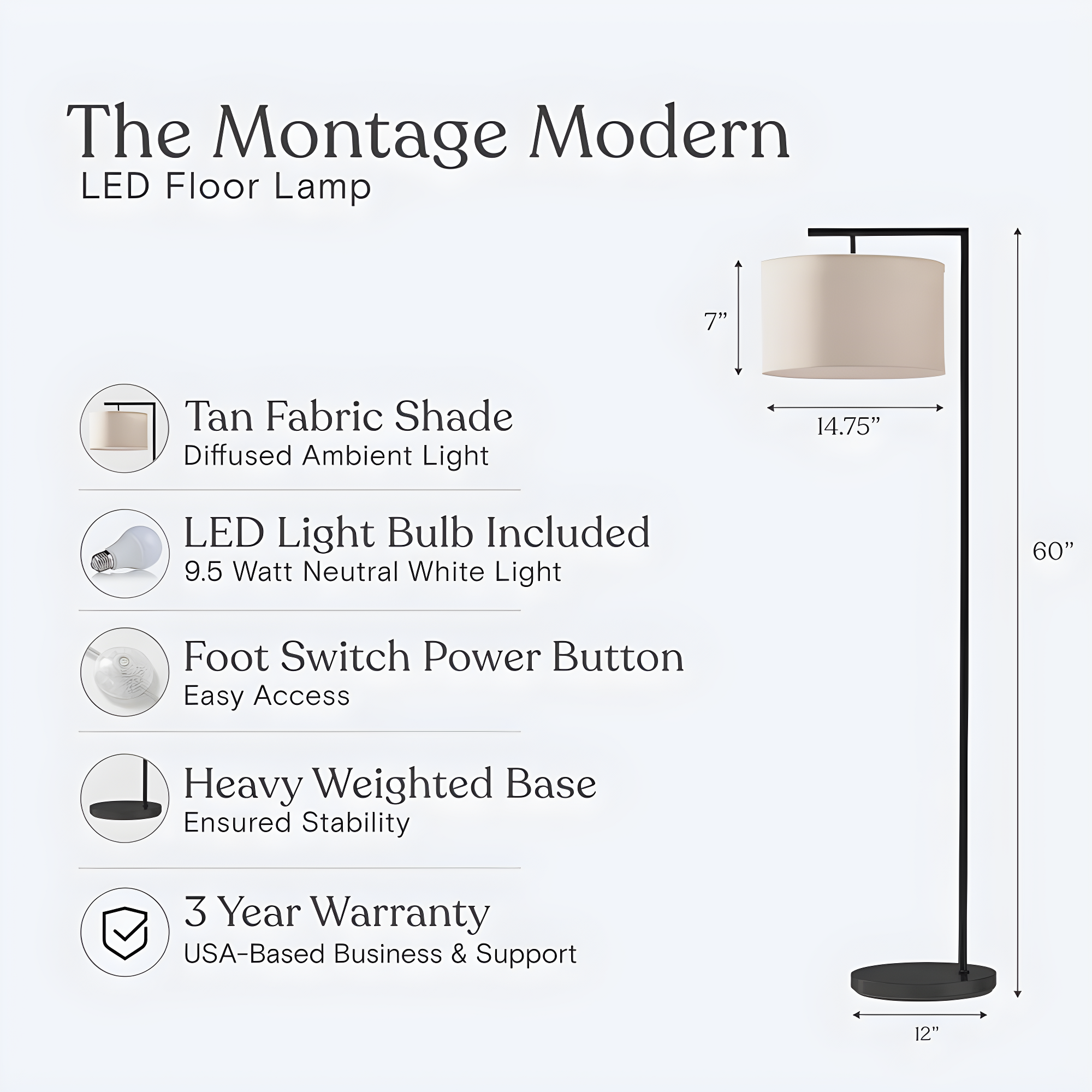 Montage Modern 60 in. Mid-Century Modern LED Floor Lamp with Fabric Drum Shade