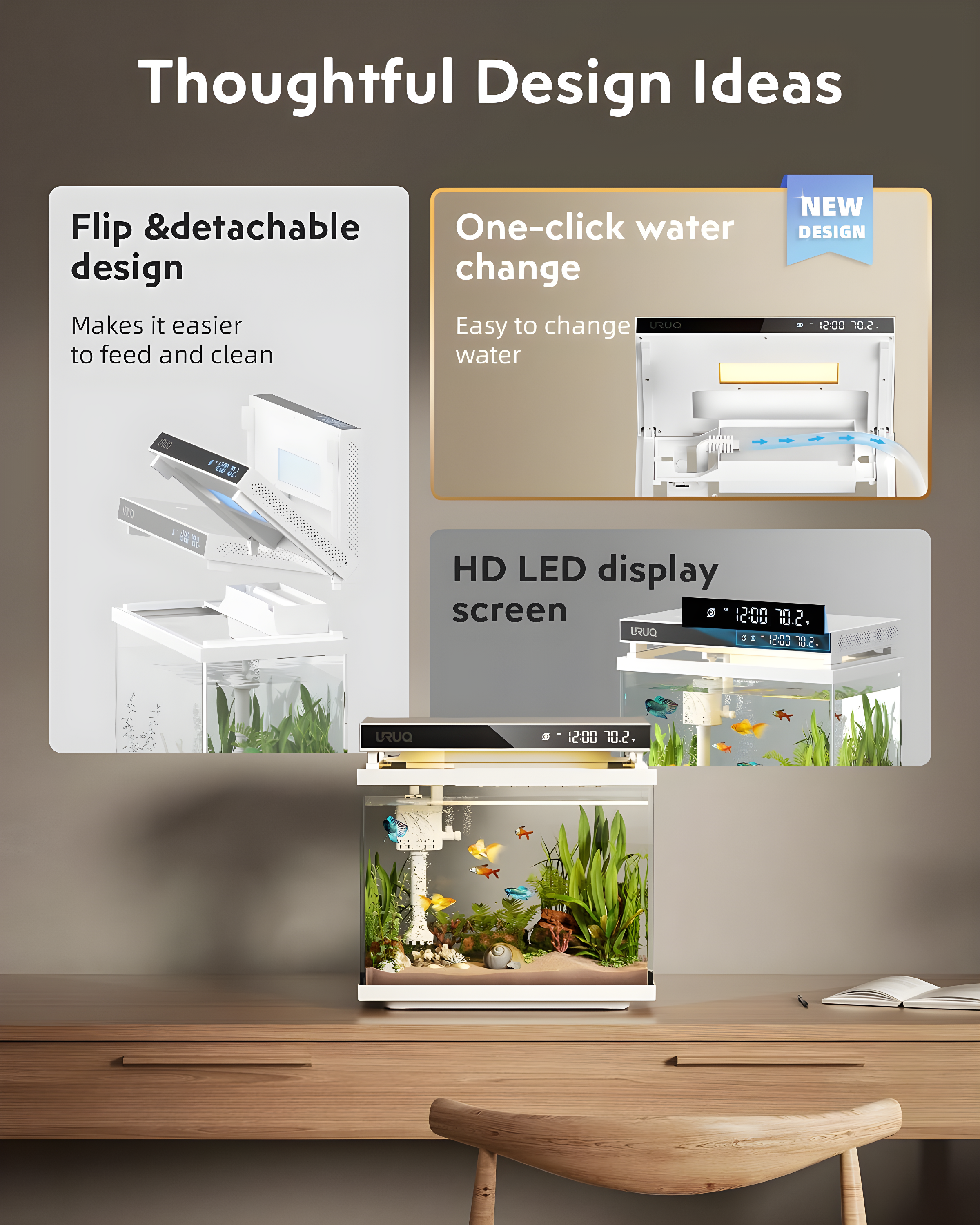 Latitude Run® Fish Tank Smart Aquarium Kit: 2 Gallon UHD Glass Silent Water Pump Self Cleaning Multi Layer Filtration System - Temperature Sensing 7-Color Lighting For Small Fish Betta Kids Room Desktop Decor