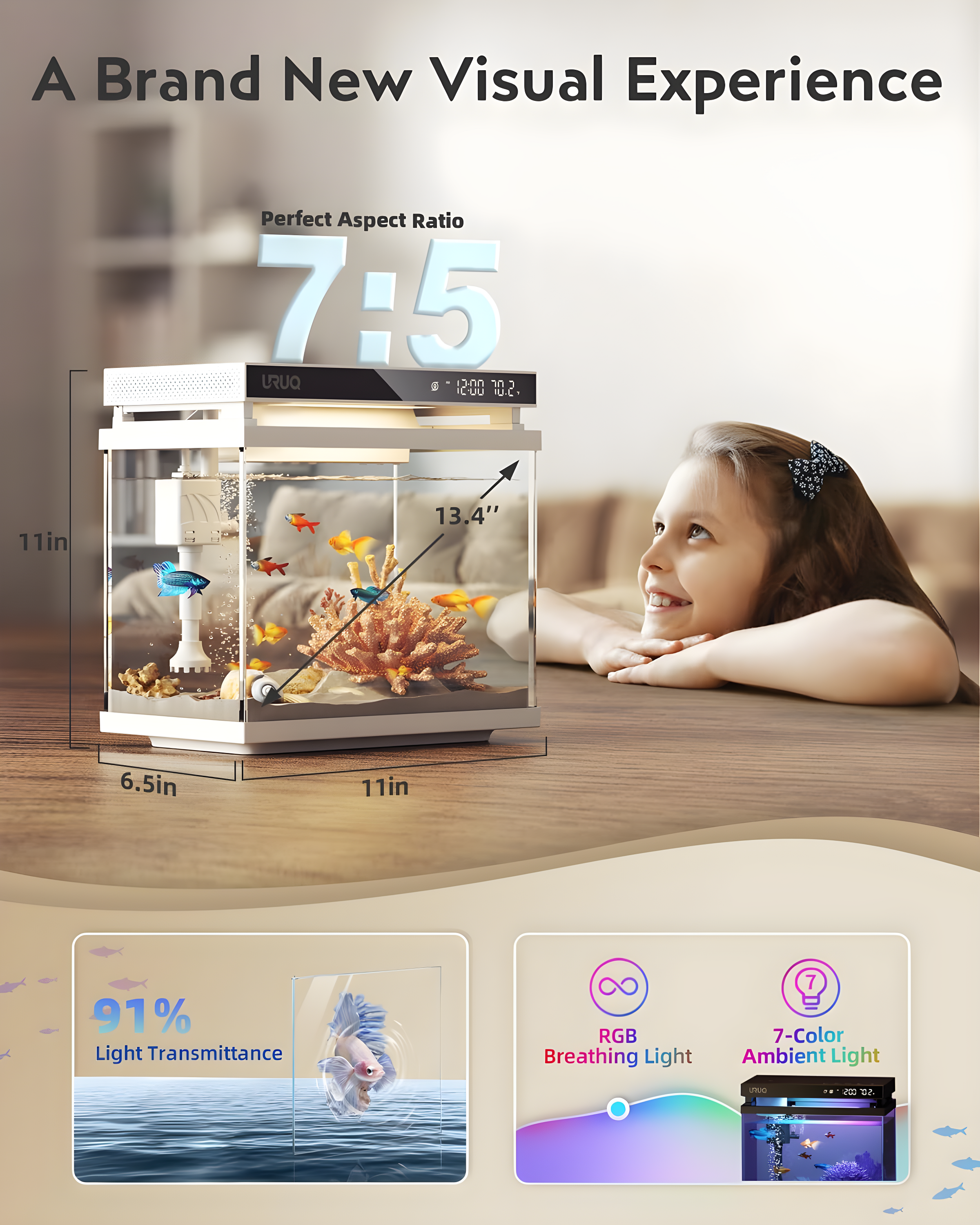 Latitude Run® Fish Tank Smart Aquarium Kit: 2 Gallon UHD Glass Silent Water Pump Self Cleaning Multi Layer Filtration System - Temperature Sensing 7-Color Lighting For Small Fish Betta Kids Room Desktop Decor