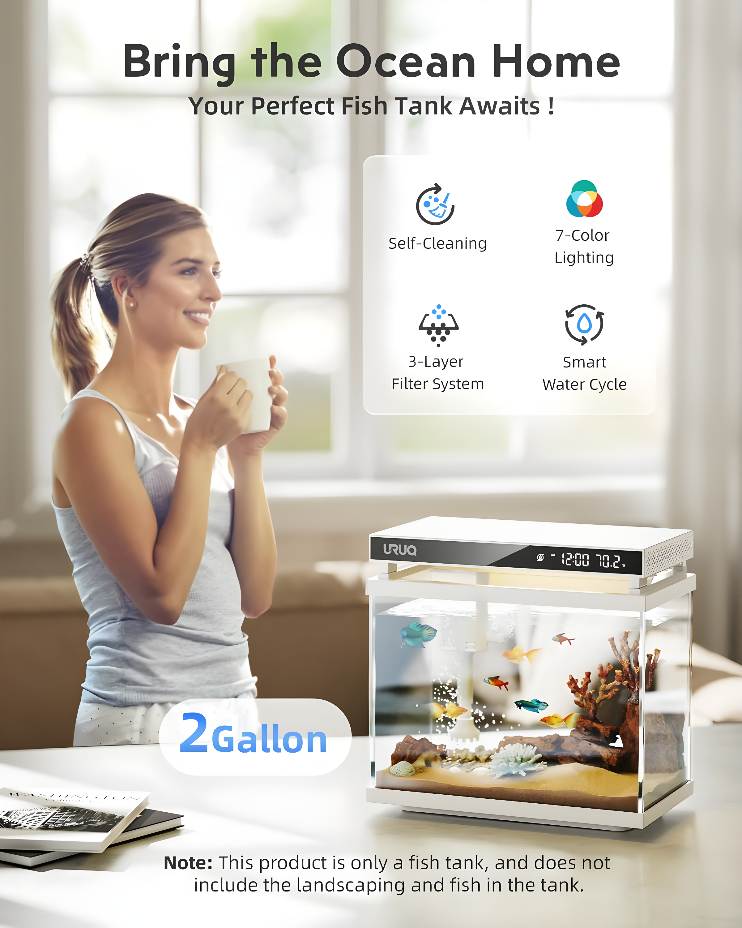 Latitude Run® Fish Tank Smart Aquarium Kit: 2 Gallon UHD Glass Silent Water Pump Self Cleaning Multi Layer Filtration System - Temperature Sensing 7-Color Lighting For Small Fish Betta Kids Room Desktop Decor