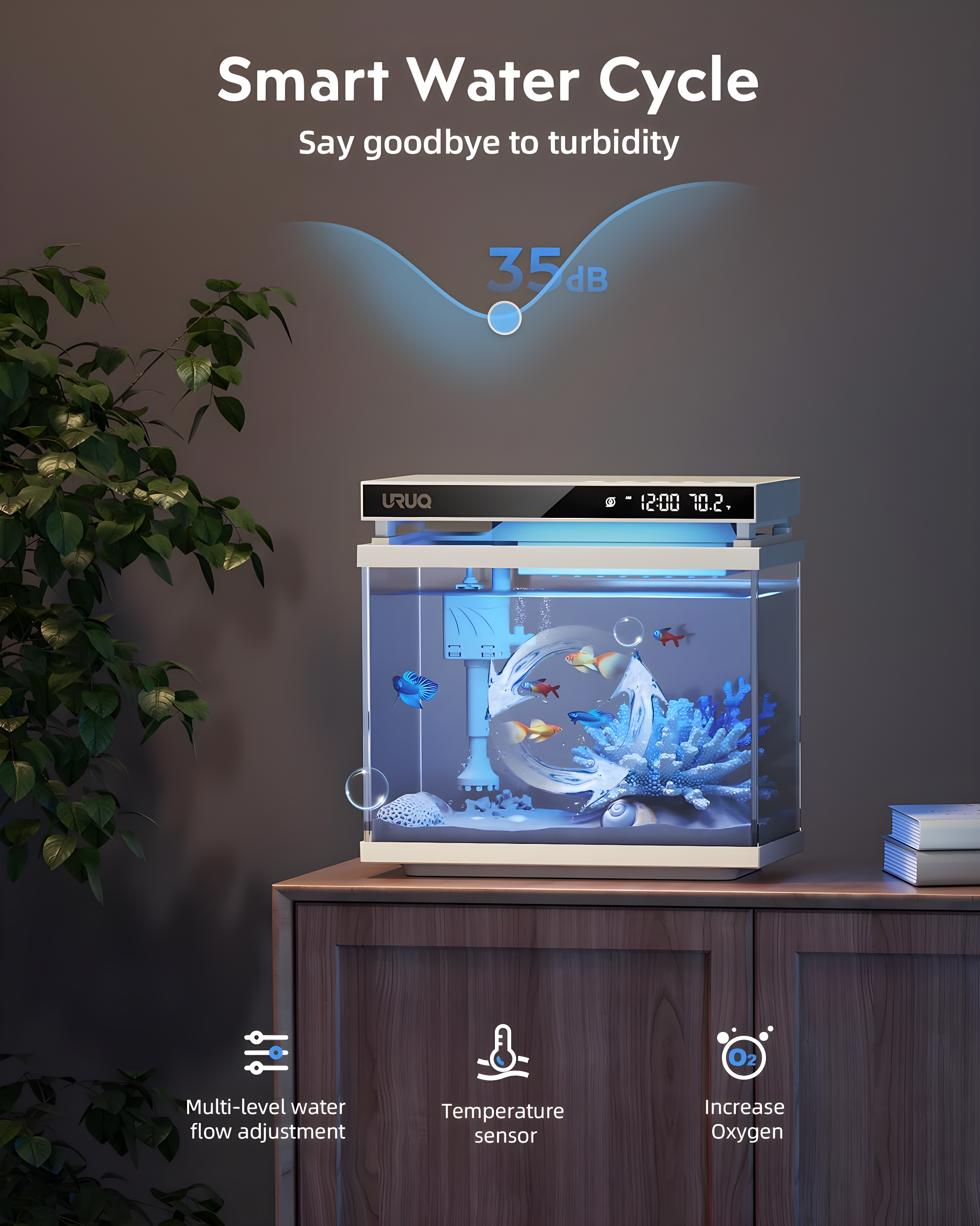 Latitude Run® Fish Tank Smart Aquarium Kit: 2 Gallon UHD Glass Silent Water Pump Self Cleaning Multi Layer Filtration System - Temperature Sensing 7-Color Lighting For Small Fish Betta Kids Room Desktop Decor