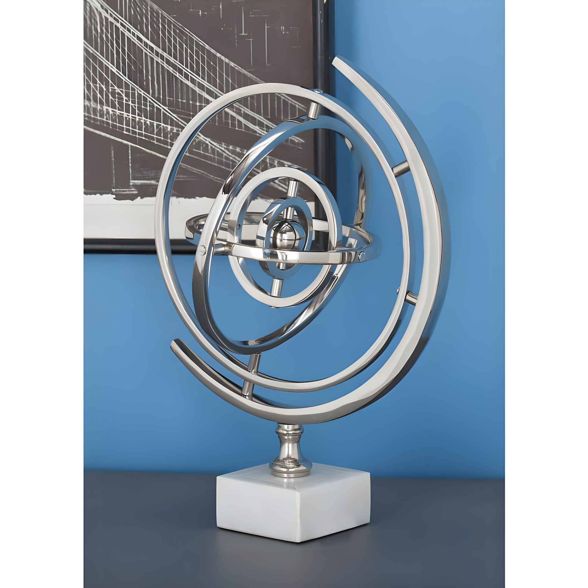 DecMode 10" Silver Armillary Globe with Marble Base