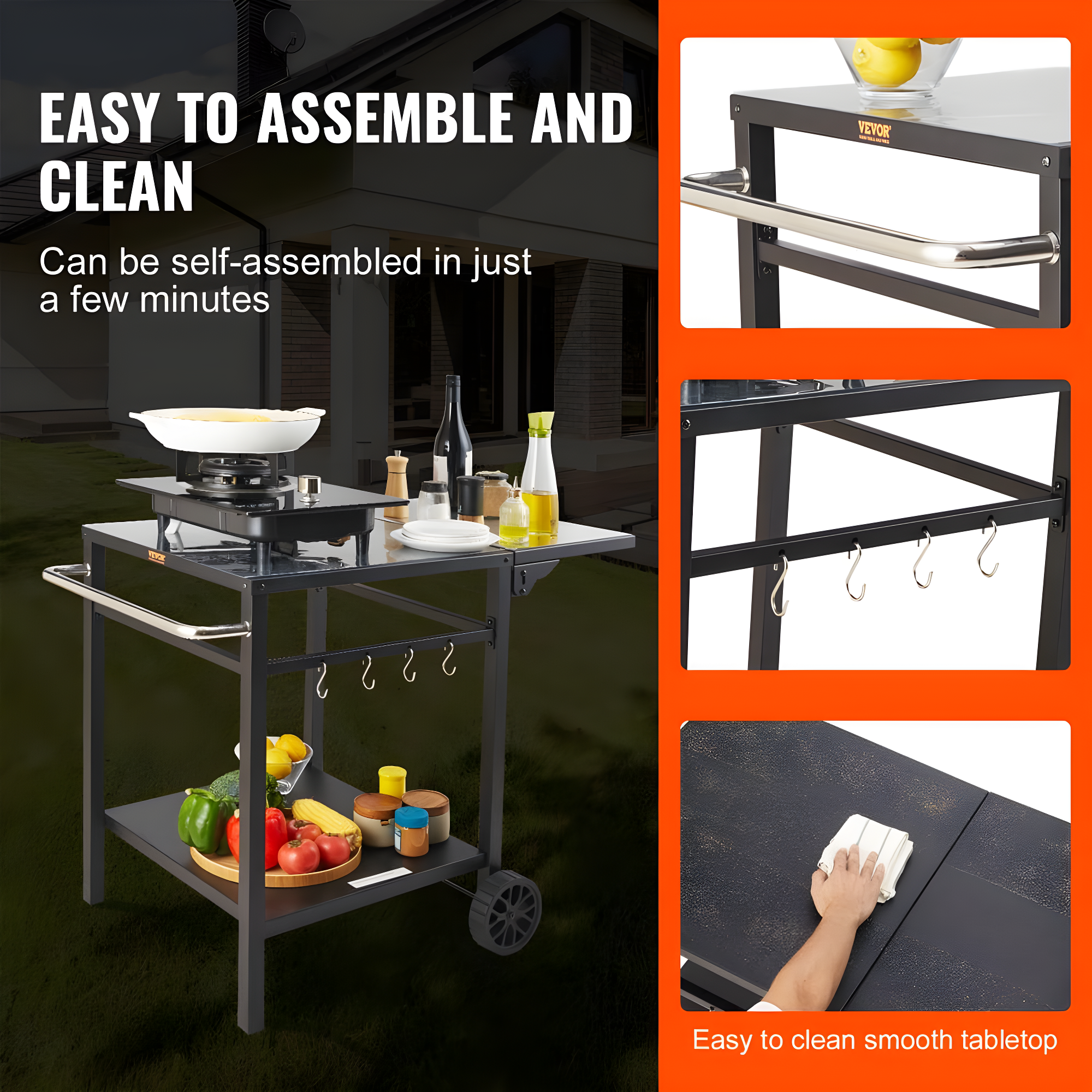 Black Iron Double-Shelf Outdoor Grill Dining Cart with Wheels