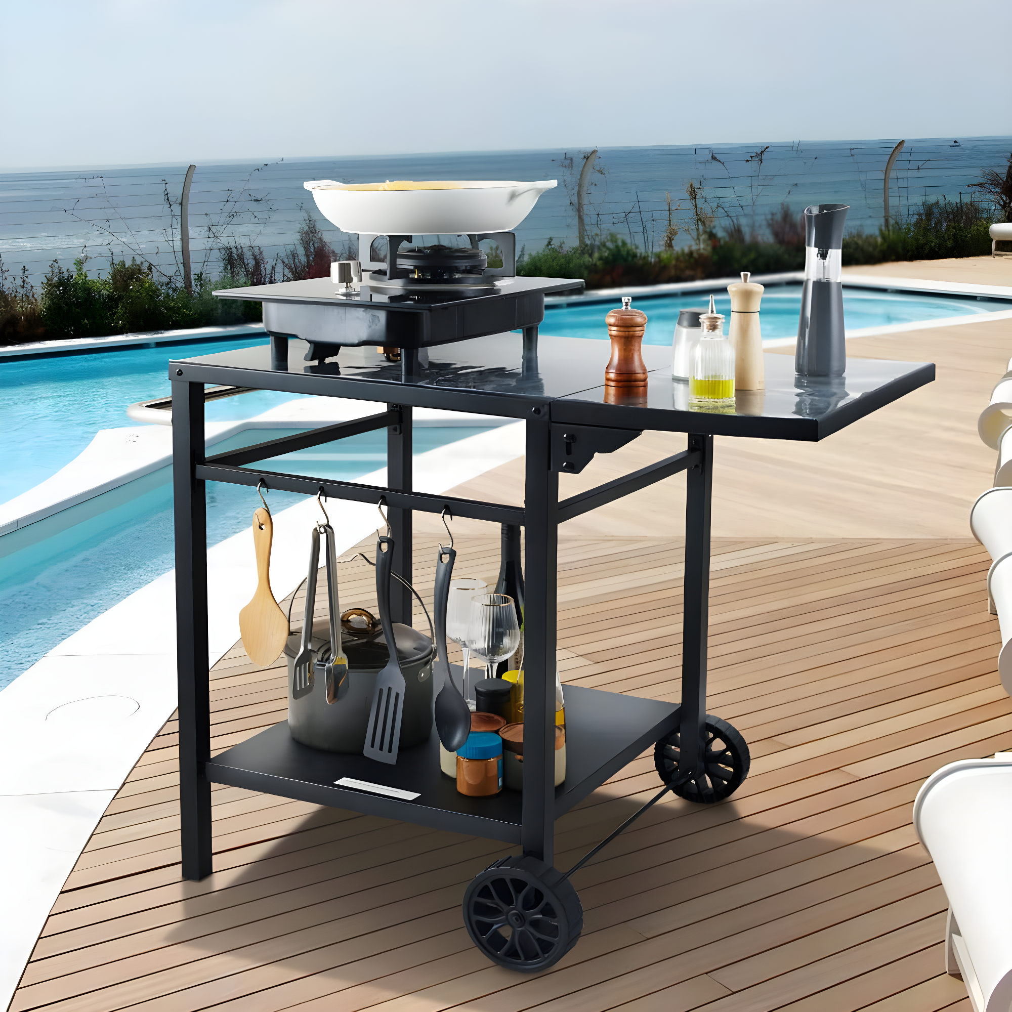 Black Iron Double-Shelf Outdoor Grill Dining Cart with Wheels