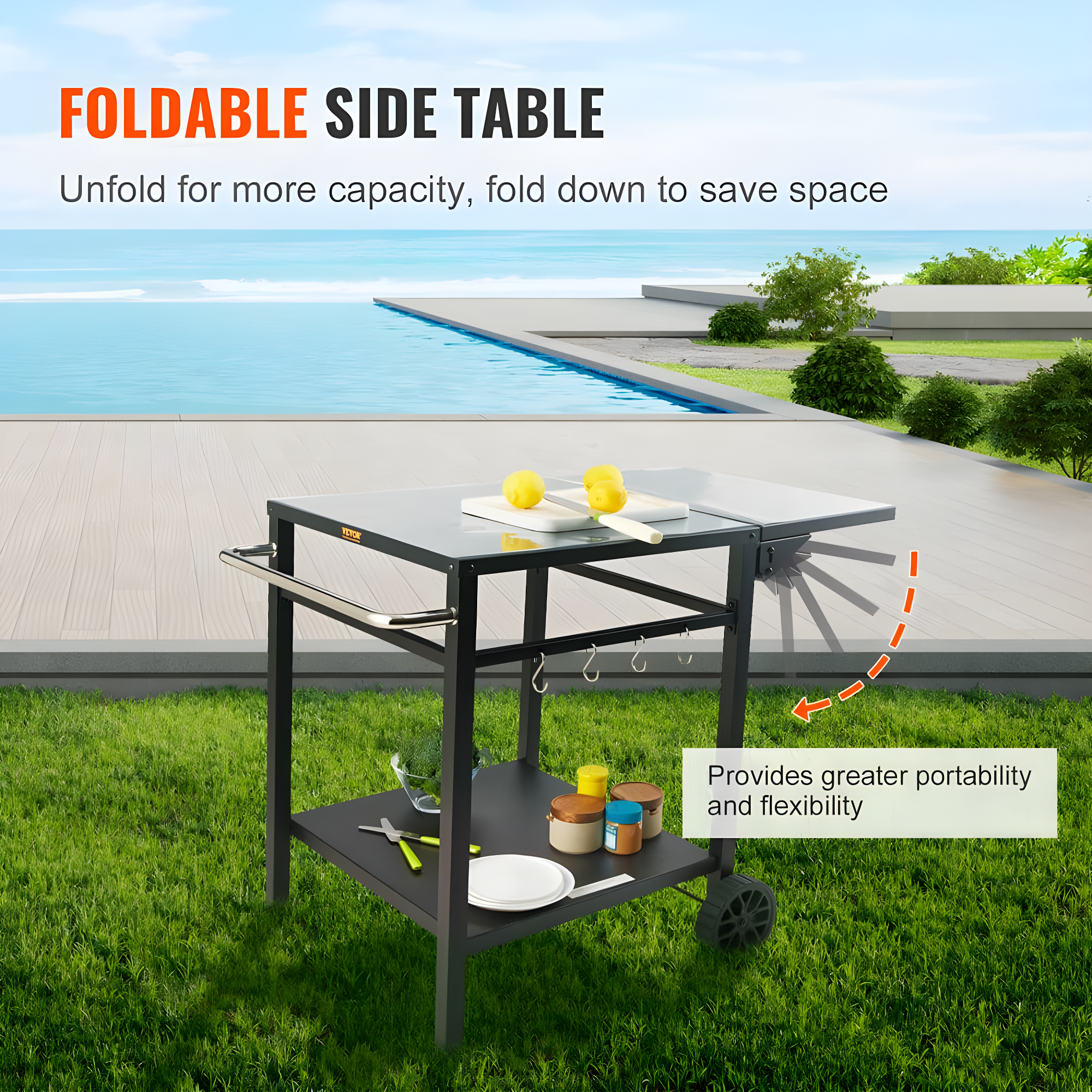 Black Iron Double-Shelf Outdoor Grill Dining Cart with Wheels