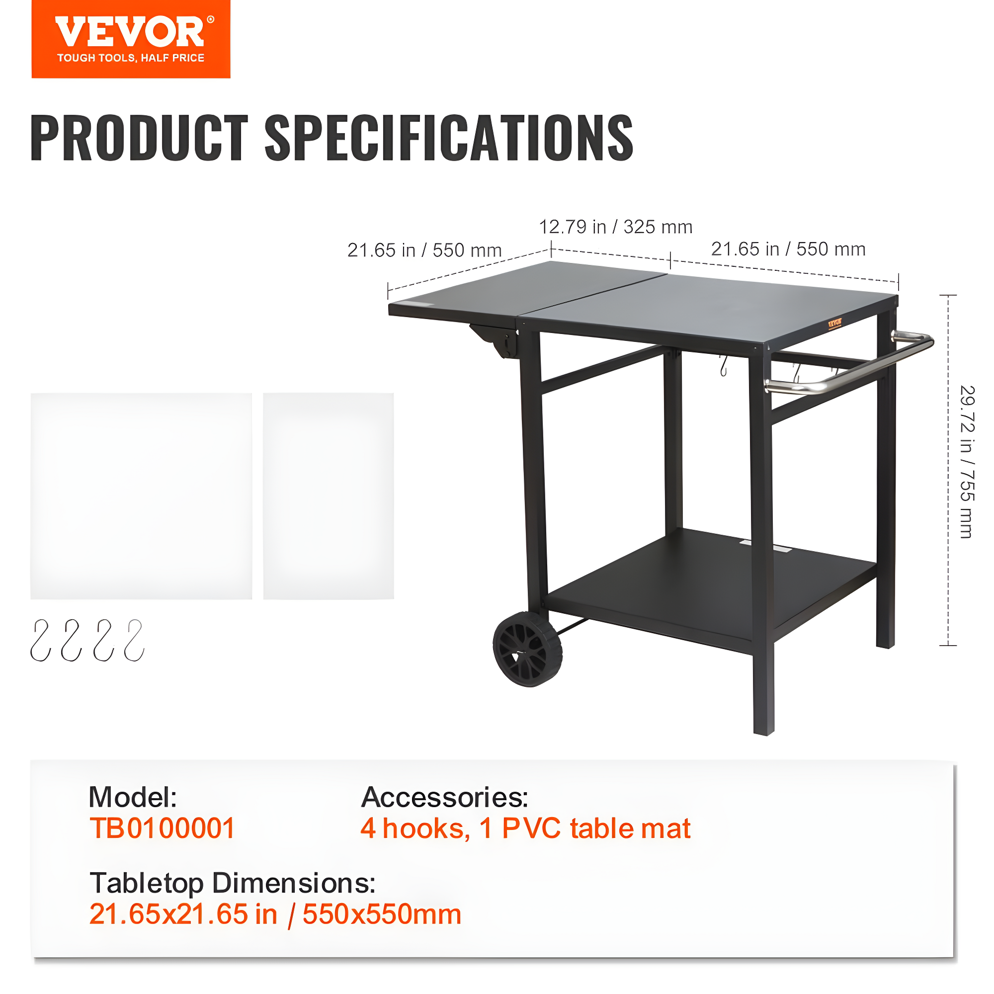 Black Iron Double-Shelf Outdoor Grill Dining Cart with Wheels