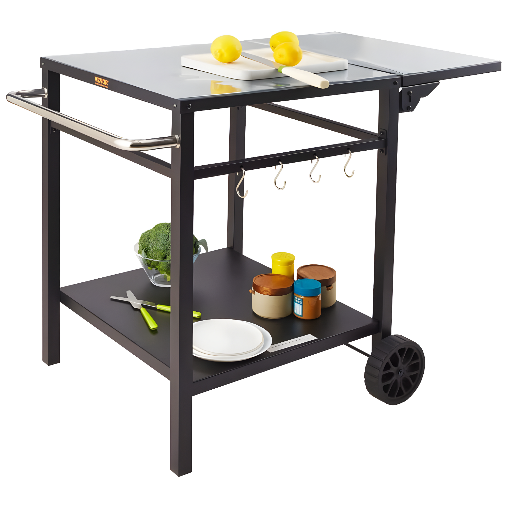 Black Iron Double-Shelf Outdoor Grill Dining Cart with Wheels