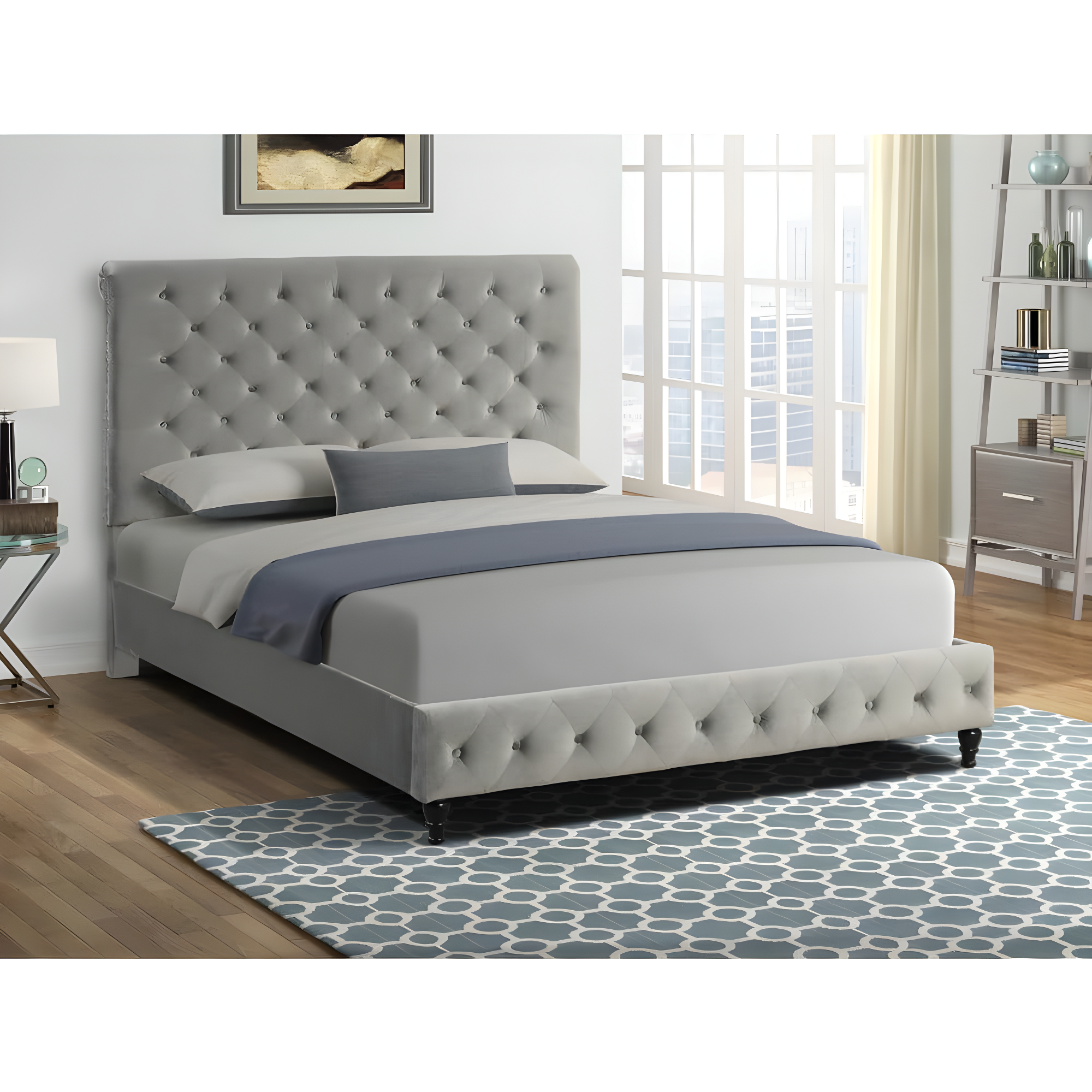 Ashley Tufted Velvet Fabric Queen Platform Bed in Gray