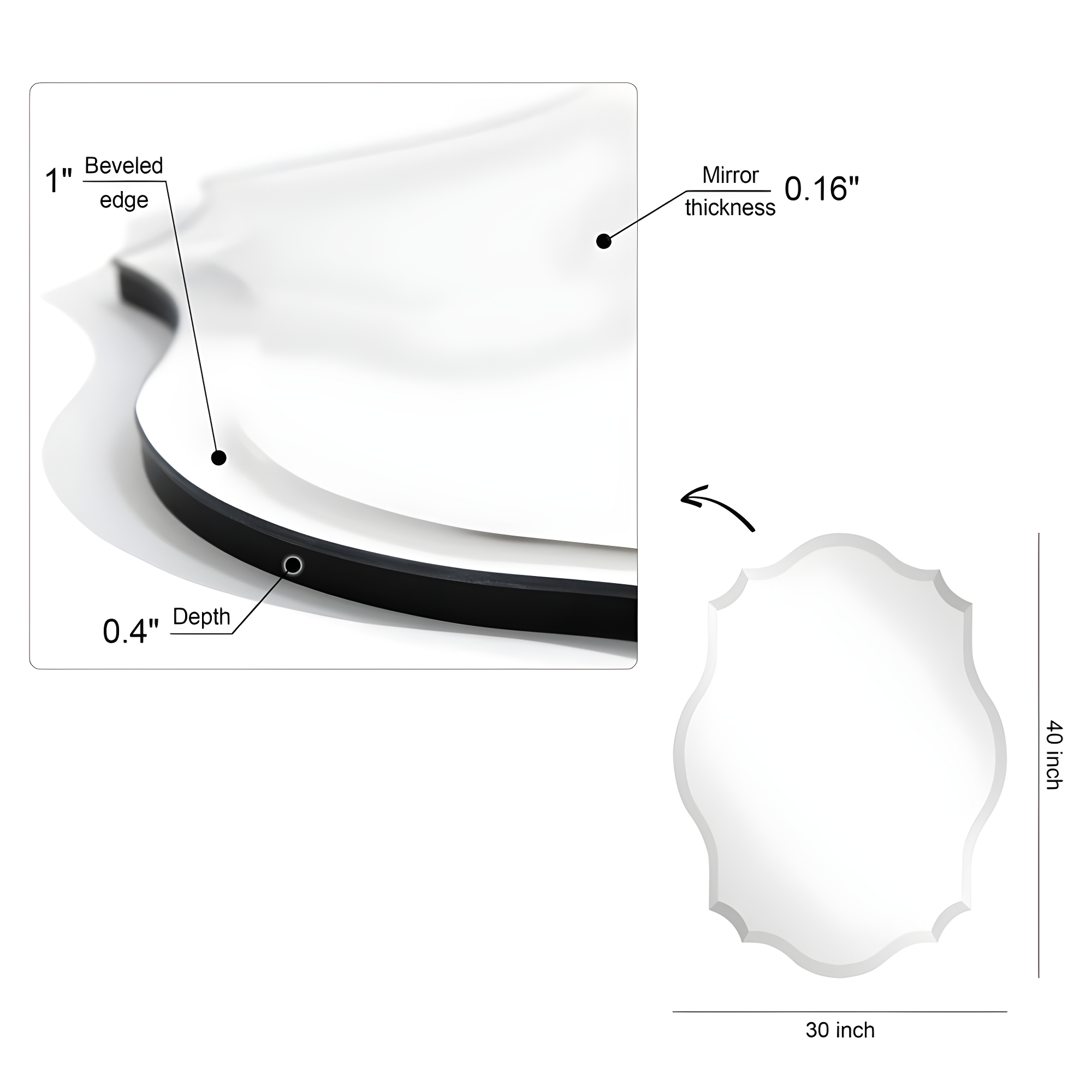 Empire Art Direct Frameless Beveled Oblong Elegant Scalloped Wall Mirror 30 in. x 40 in. x 0.39 in.