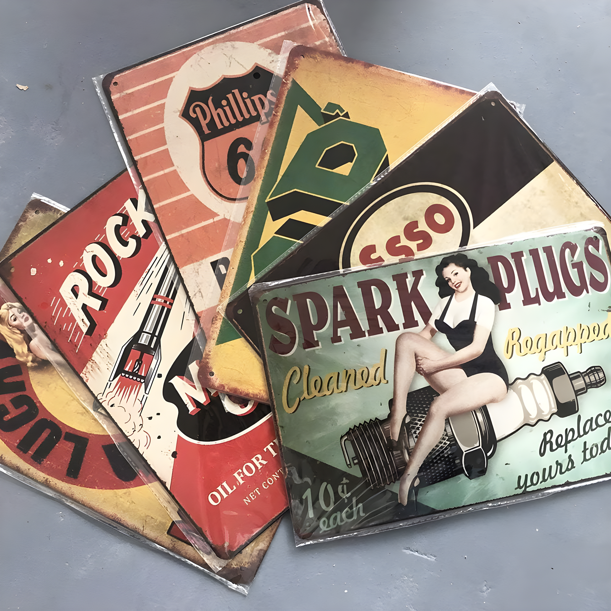 Reproduced Vintage Tin Sign Pack, Gas Oil Retro Advert Antique Metal Signs for Garage Man Cave Bar Kitchen, Nostalgic Car Decor, 8x12 Inch (35 Pieces A)