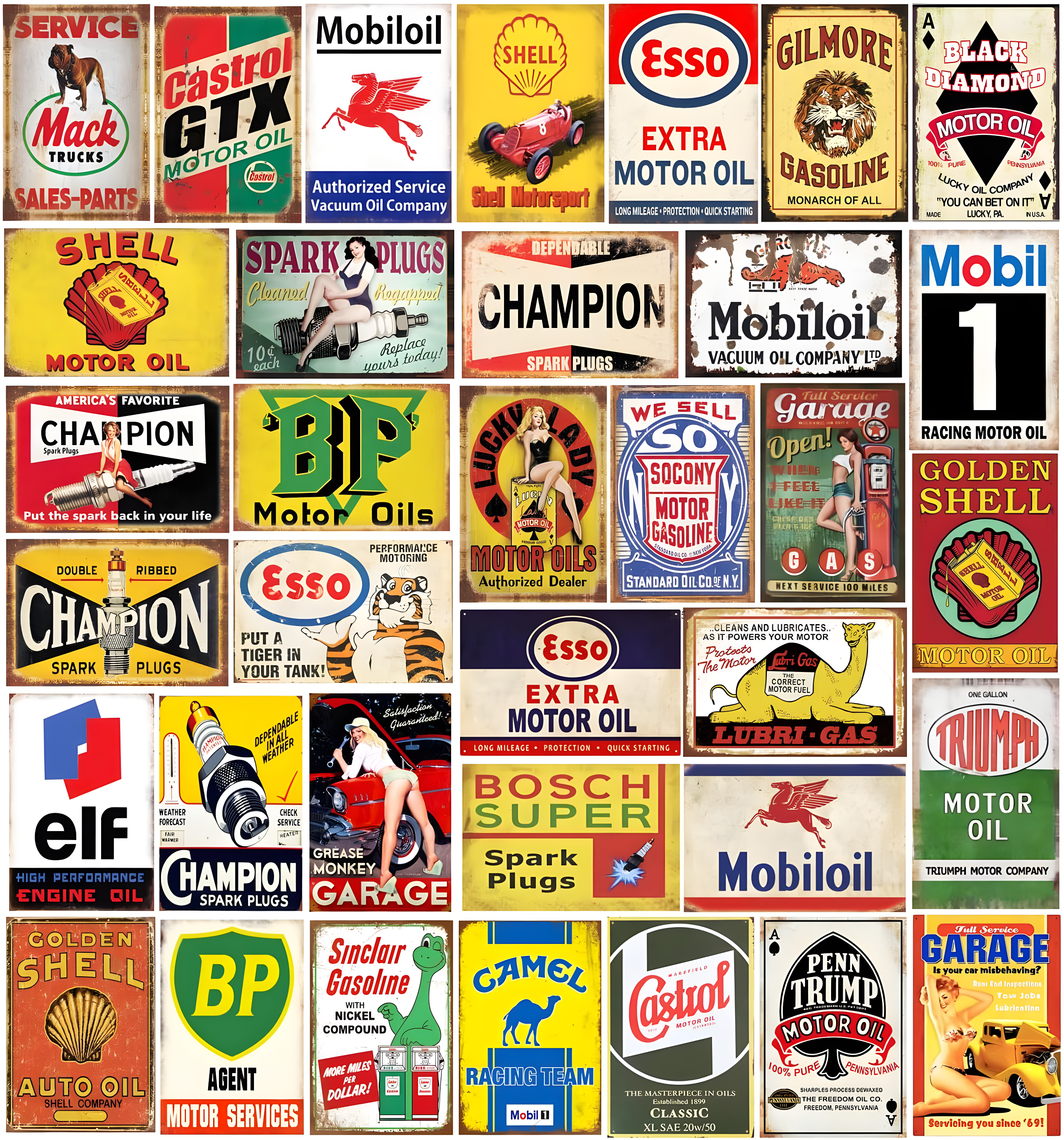 Reproduced Vintage Tin Sign Pack, Gas Oil Retro Advert Antique Metal Signs for Garage Man Cave Bar Kitchen, Nostalgic Car Decor, 8x12 Inch (35 Pieces A)