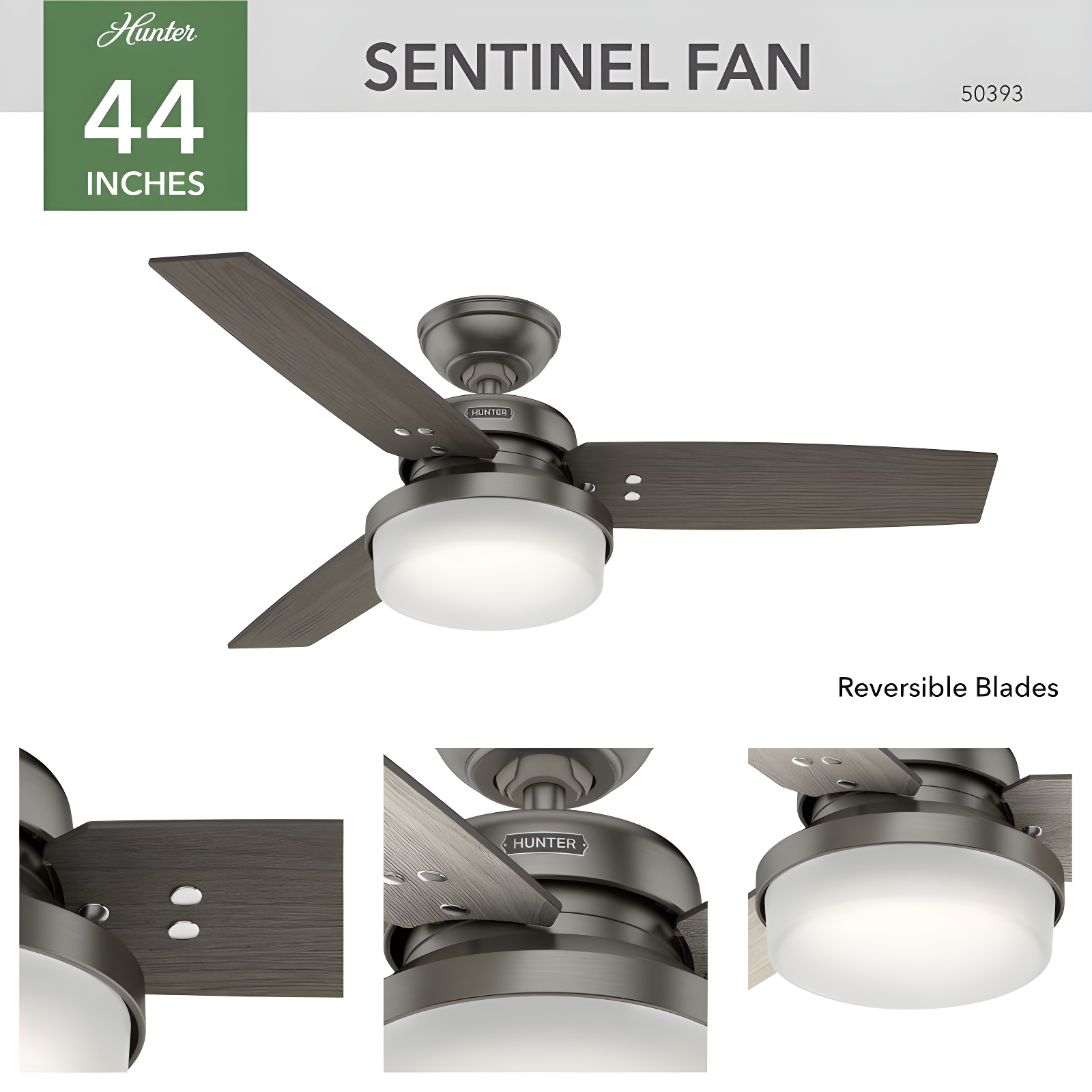 Hunter Fan 44" Sentinel 3 - Blade Standard Ceiling Fan with Remote Control and Light Kit Included