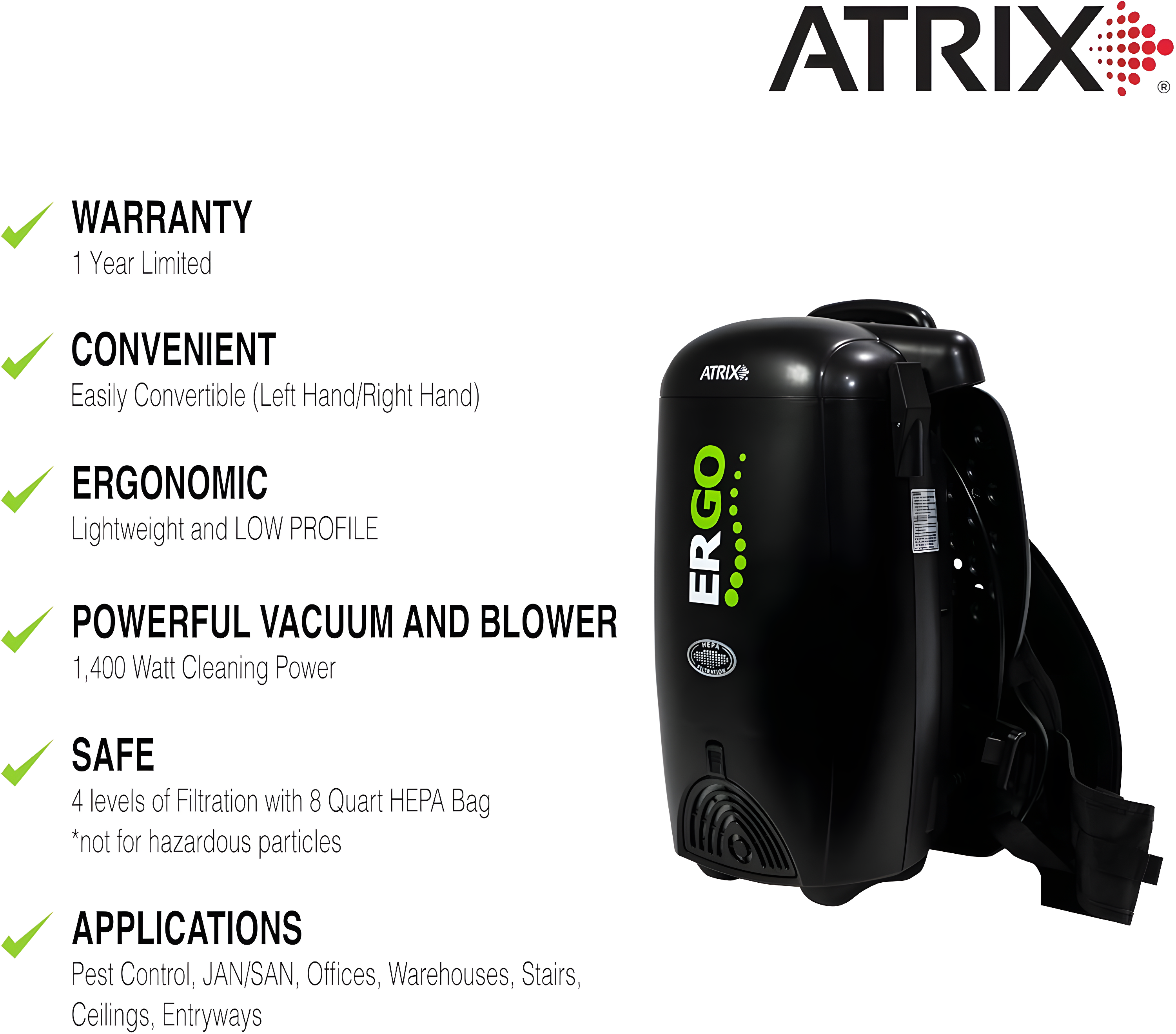 Atrix Black HEPA Backpack Vacuum with Additional Filters