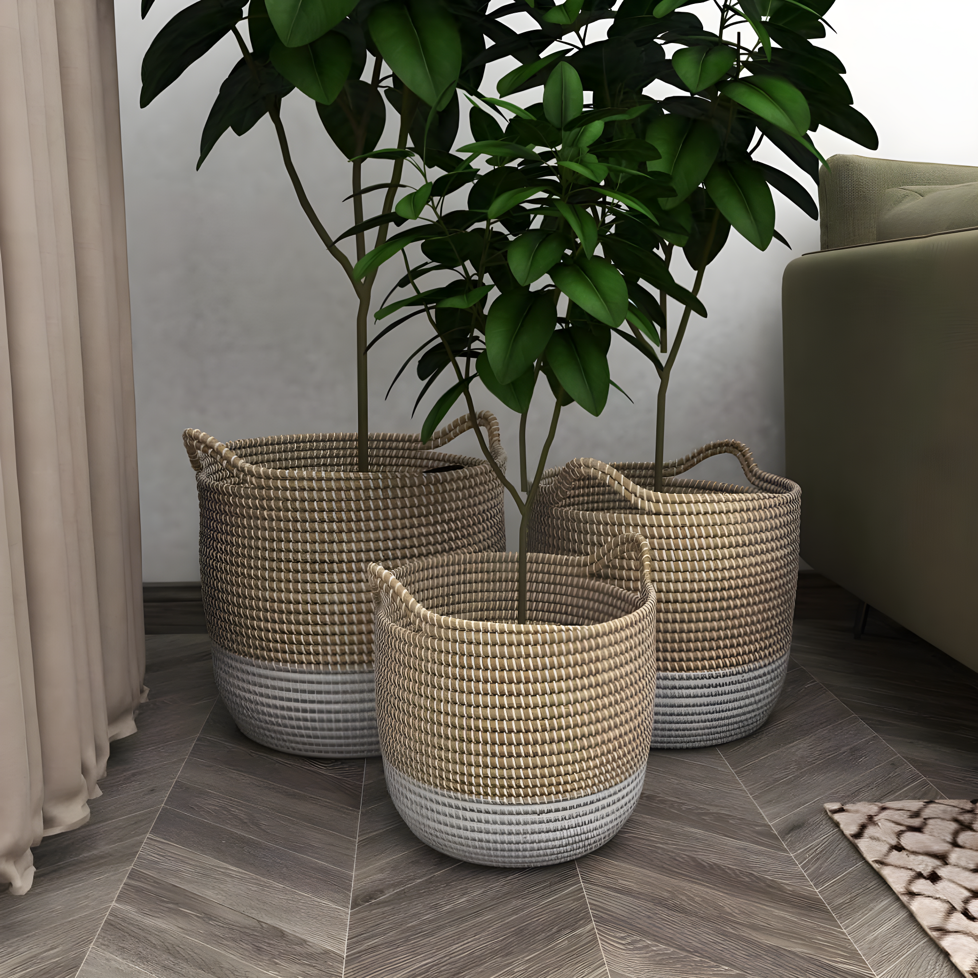CosmoLiving by Cosmopolitan 13", 16", 18"W Brown Seagrass Handmade Two Toned Storage Basket with Handles, 3-Pieces
