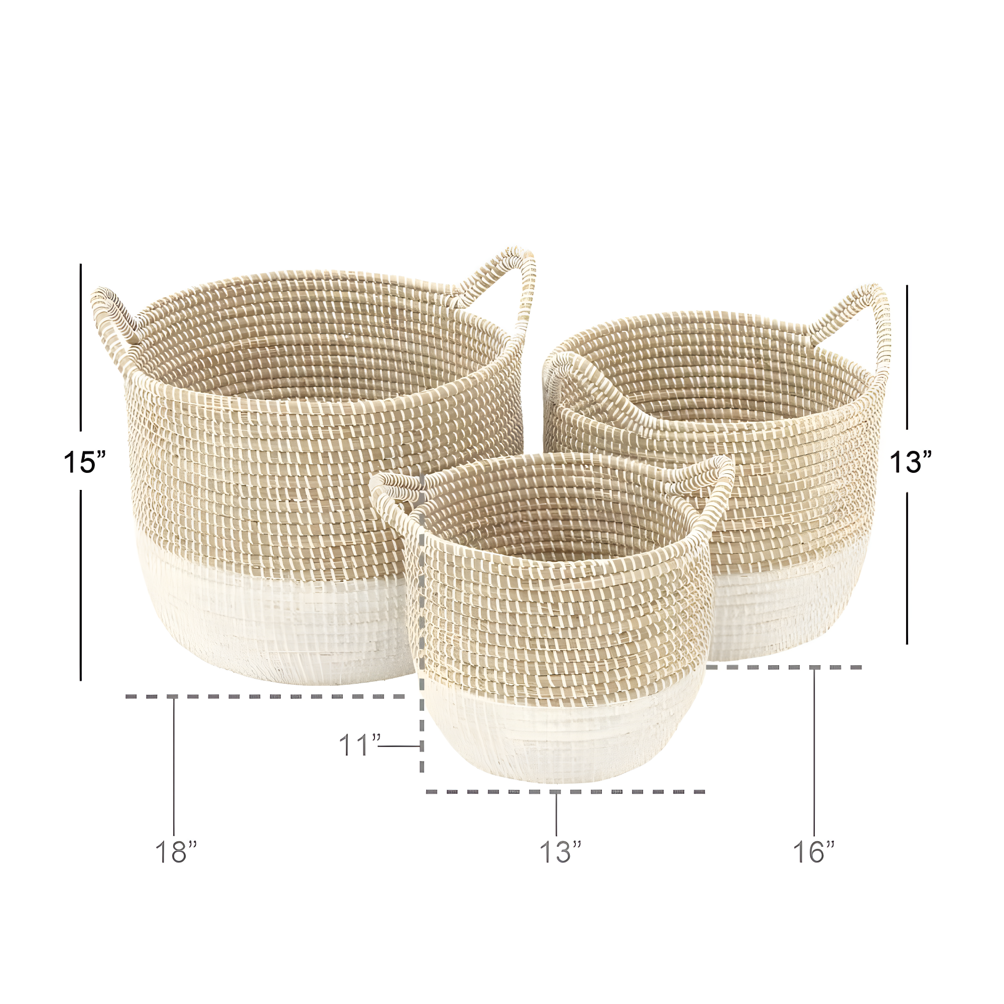 CosmoLiving by Cosmopolitan 13", 16", 18"W Brown Seagrass Handmade Two Toned Storage Basket with Handles, 3-Pieces