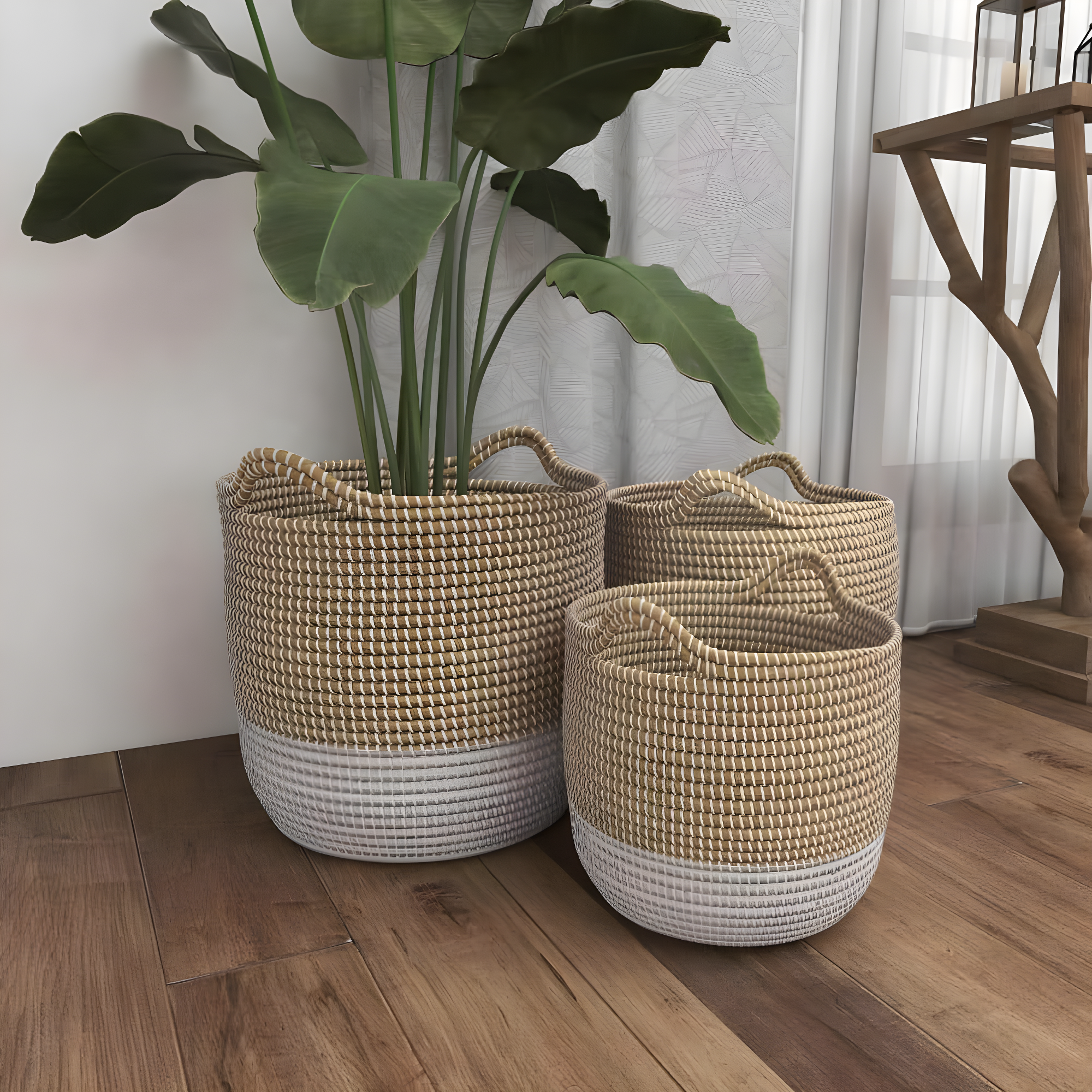 CosmoLiving by Cosmopolitan 13", 16", 18"W Brown Seagrass Handmade Two Toned Storage Basket with Handles, 3-Pieces