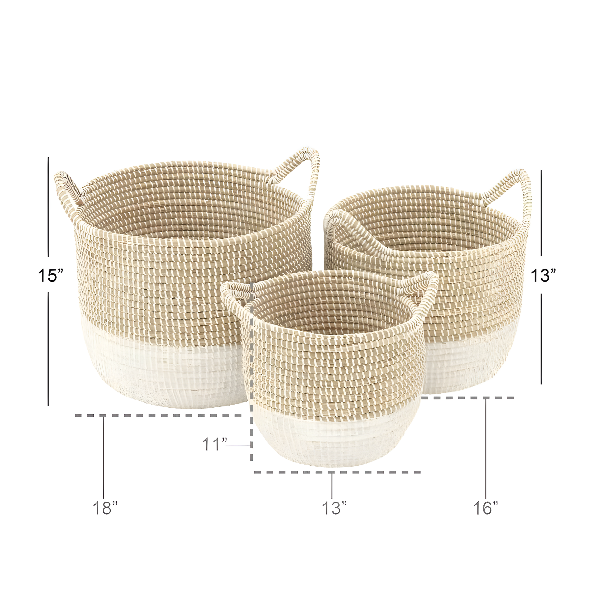 CosmoLiving by Cosmopolitan 13", 16", 18"W Brown Seagrass Handmade Two Toned Storage Basket with Handles, 3-Pieces