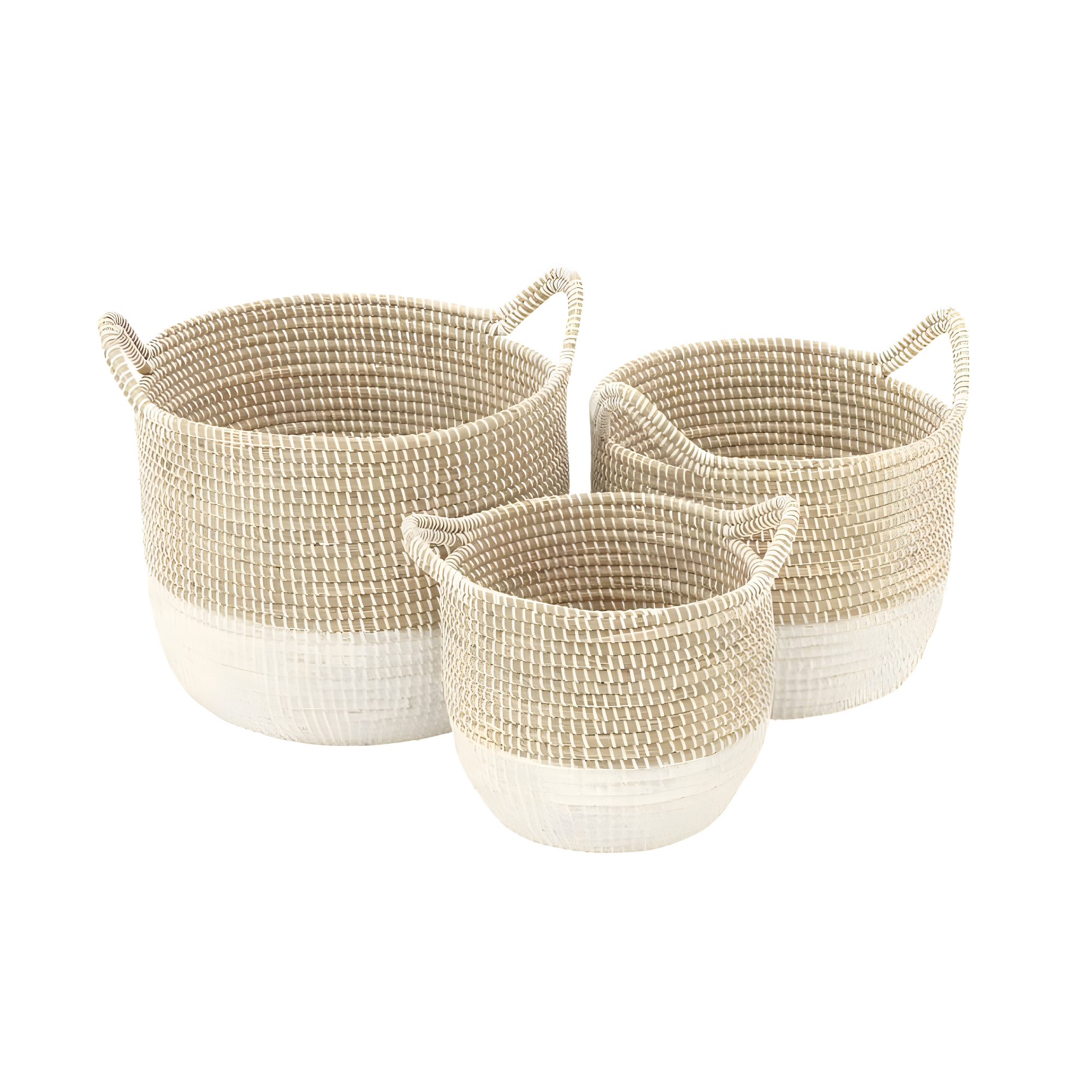 CosmoLiving by Cosmopolitan 13", 16", 18"W Brown Seagrass Handmade Two Toned Storage Basket with Handles, 3-Pieces