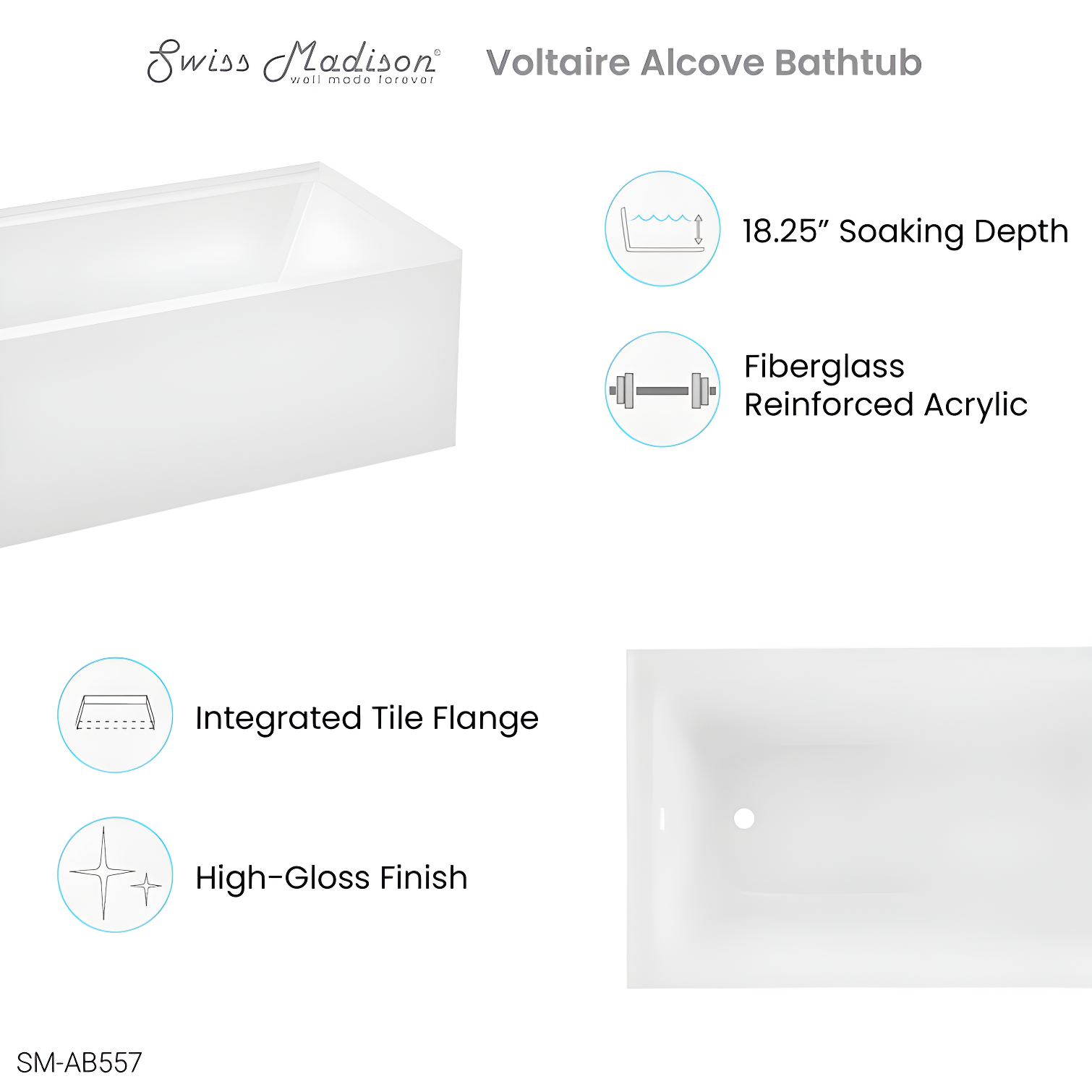 Swiss Madison Voltaire 54" x 30" Alcove Bathtub with Apron SM-AB557