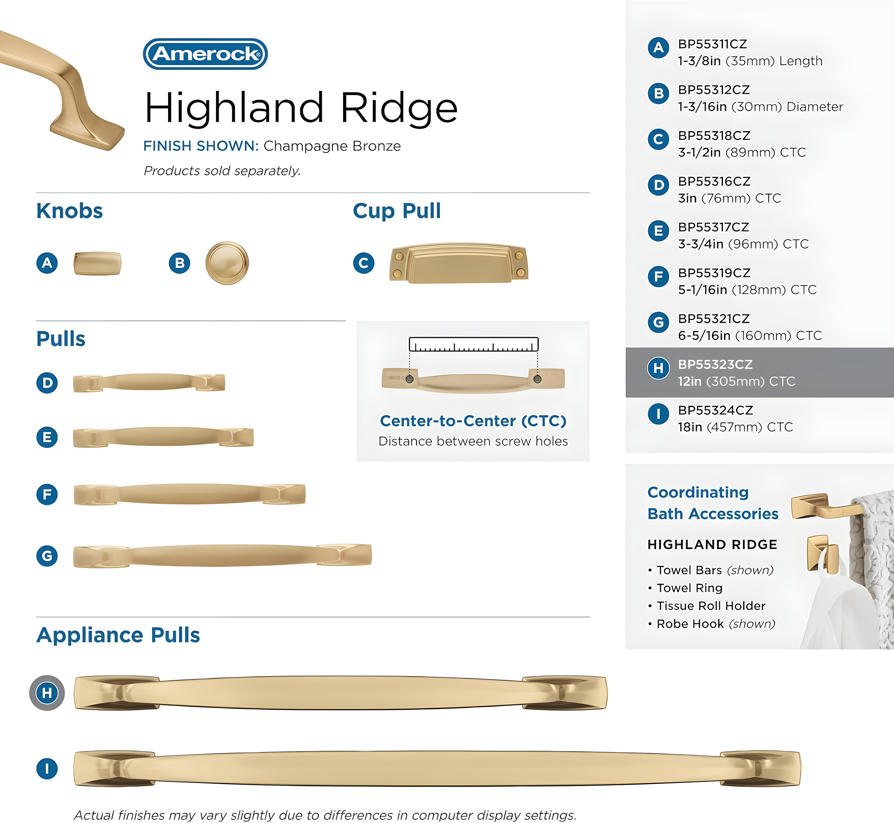 Amerock Highland Ridge 12 inch (305mm) Center-to-Center Champagne Bronze Appliance Pull