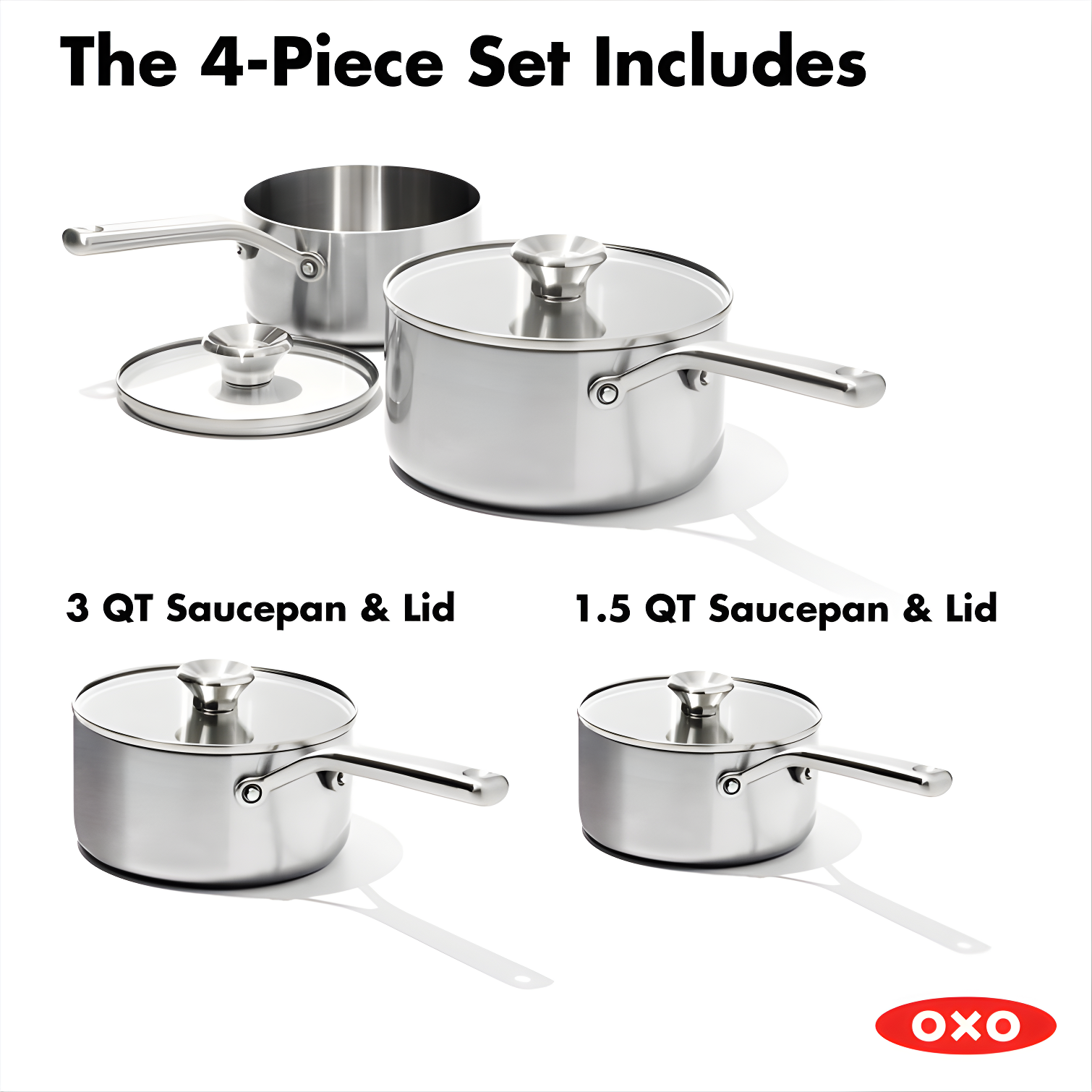 OXO Mira 3-Ply Stainless Steel Saucepan Set, 1.6 Qt And 3.25 Qt