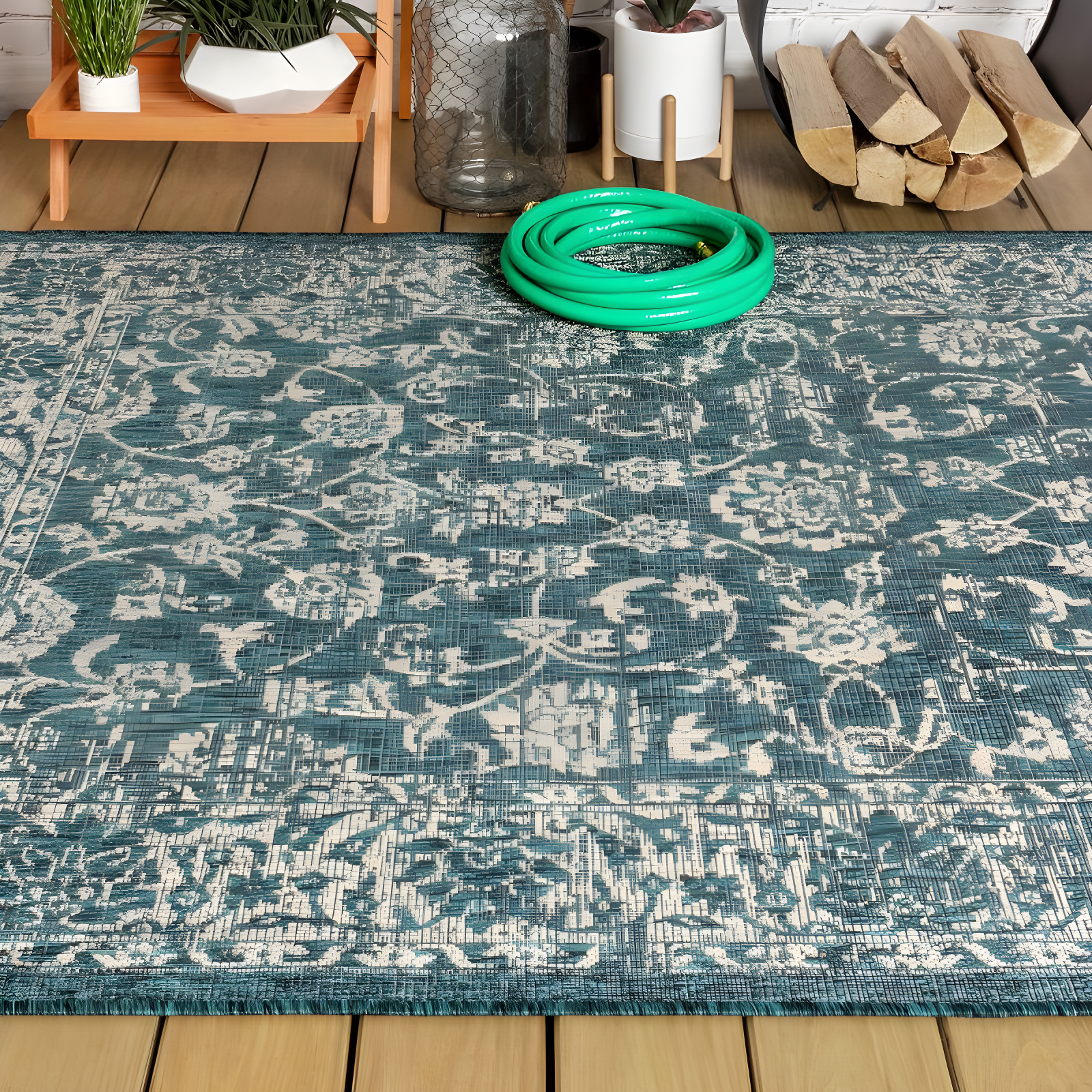 4'x6' Tela Bohemian Textured Weave Floral Indoor/Outdoor Area Rug, Teal/Gray - JONATHAN Y