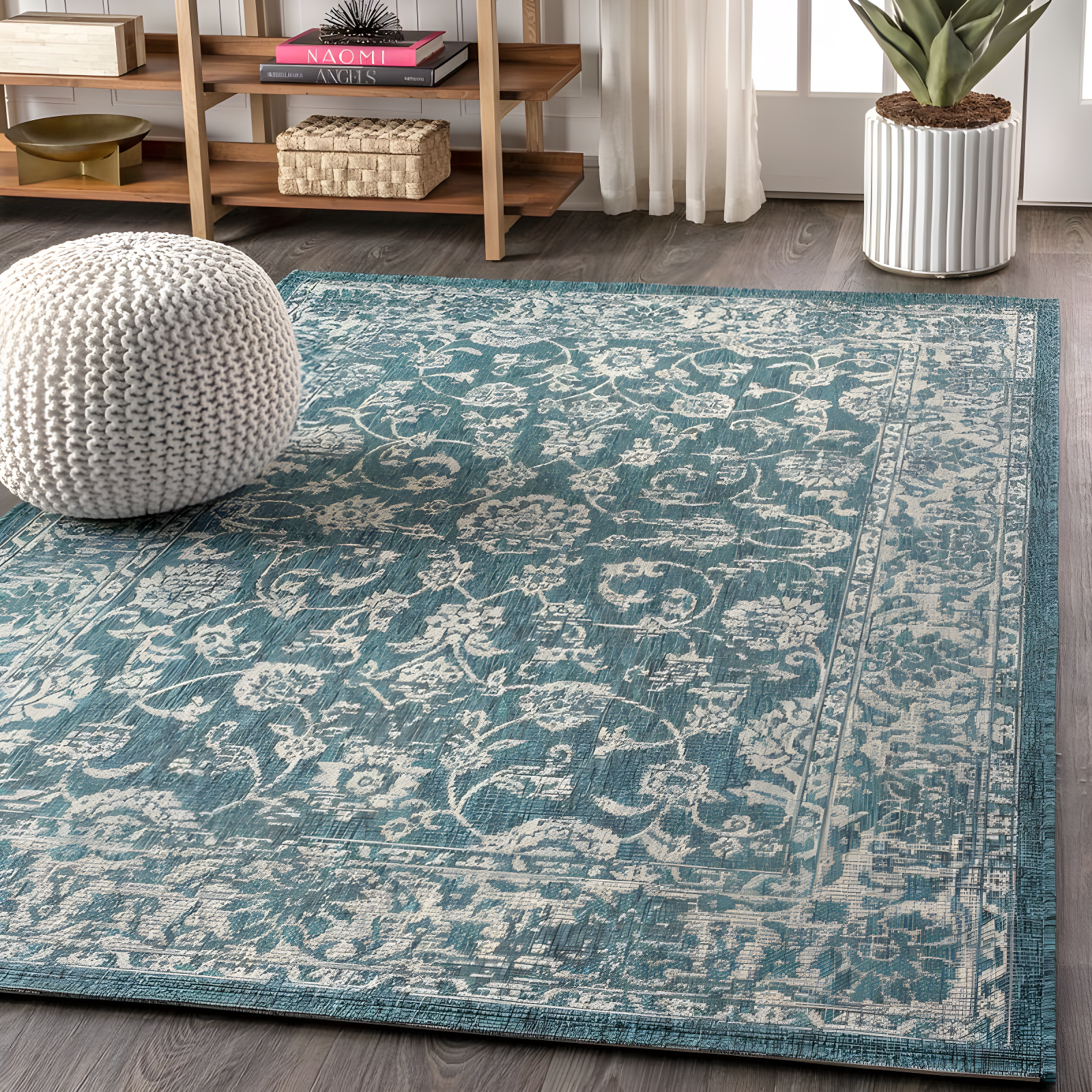 4'x6' Tela Bohemian Textured Weave Floral Indoor/Outdoor Area Rug, Teal/Gray - JONATHAN Y