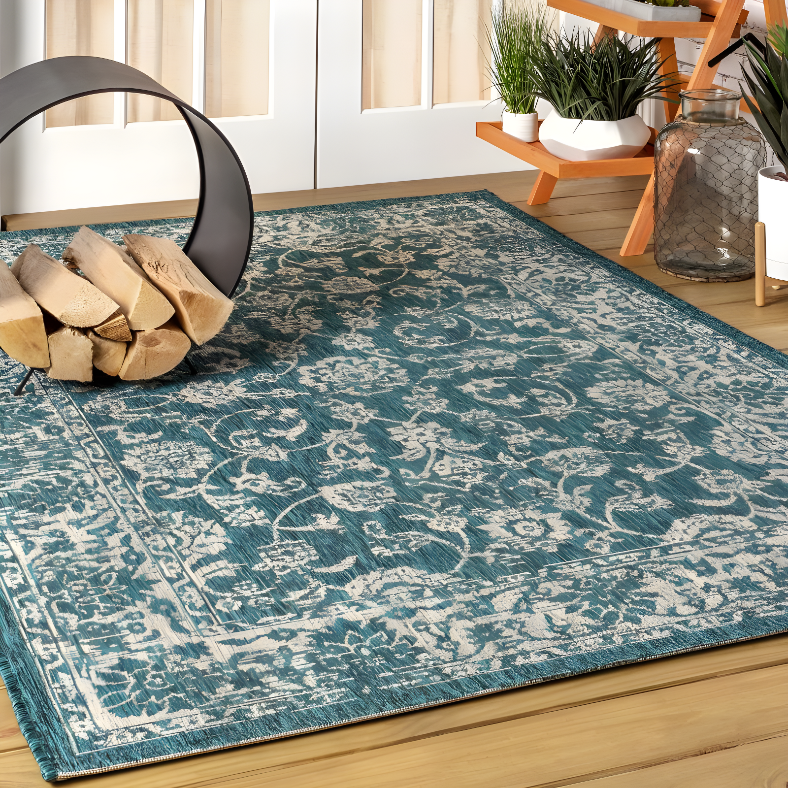 4'x6' Tela Bohemian Textured Weave Floral Indoor/Outdoor Area Rug, Teal/Gray - JONATHAN Y