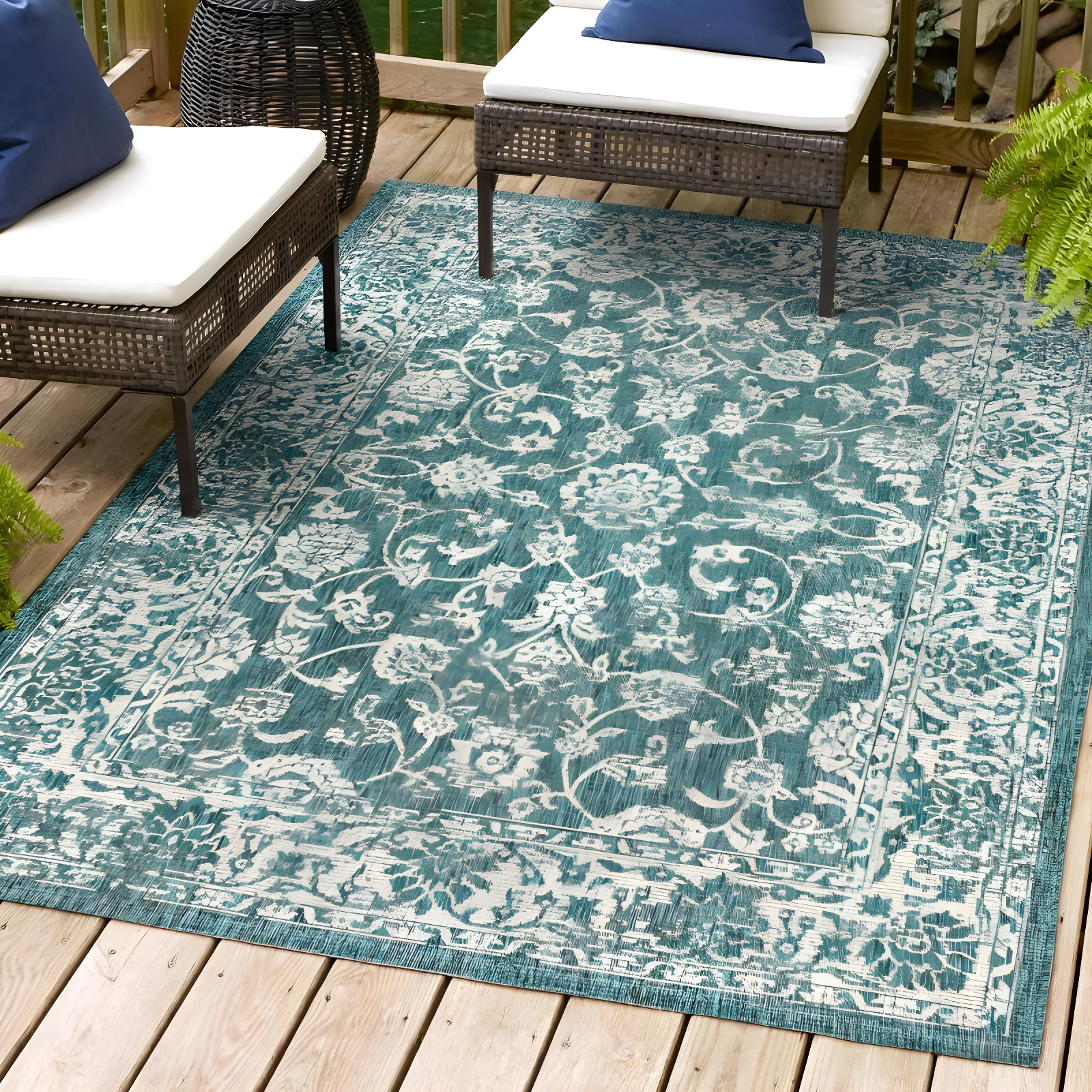 4'x6' Tela Bohemian Textured Weave Floral Indoor/Outdoor Area Rug, Teal/Gray - JONATHAN Y