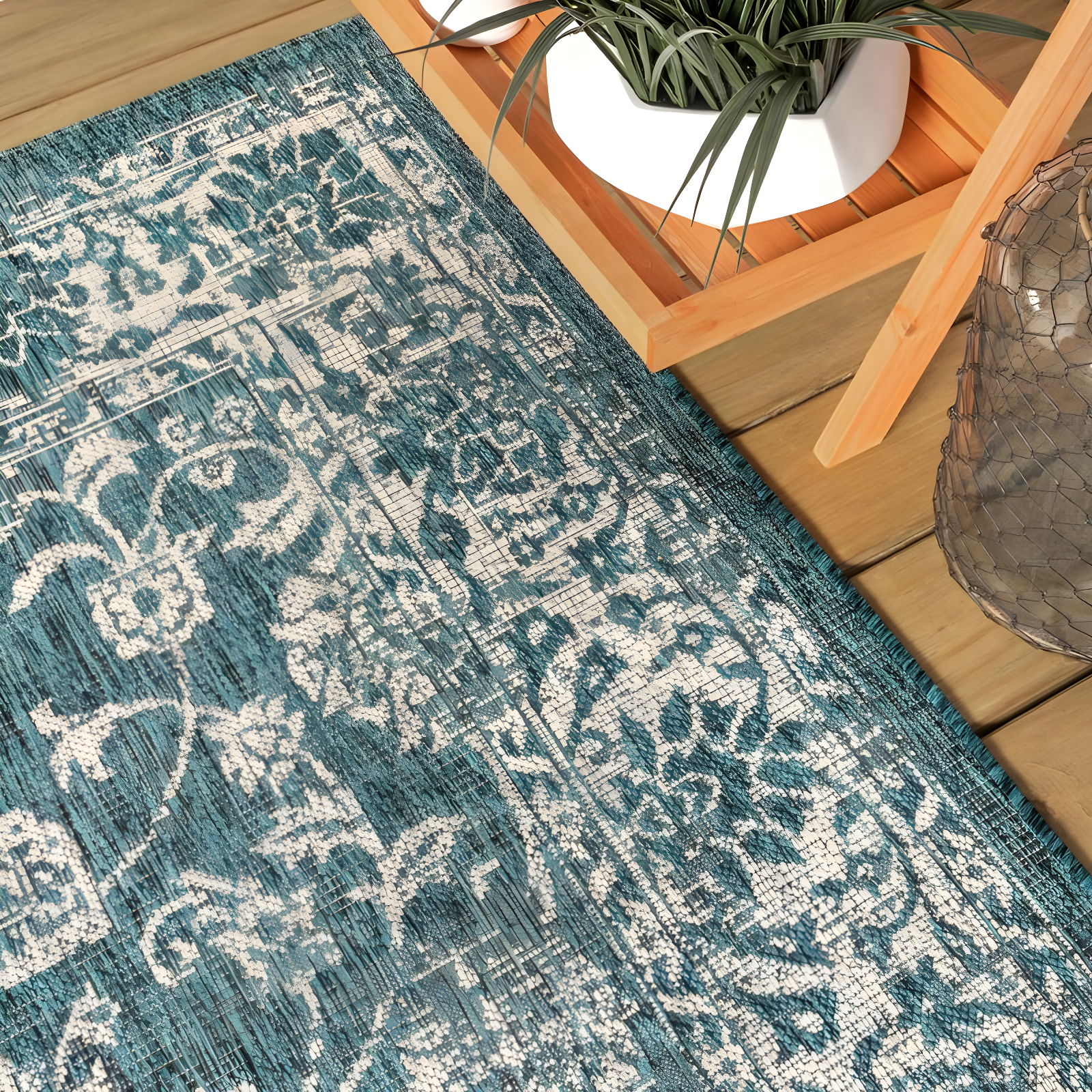 4'x6' Tela Bohemian Textured Weave Floral Indoor/Outdoor Area Rug, Teal/Gray - JONATHAN Y