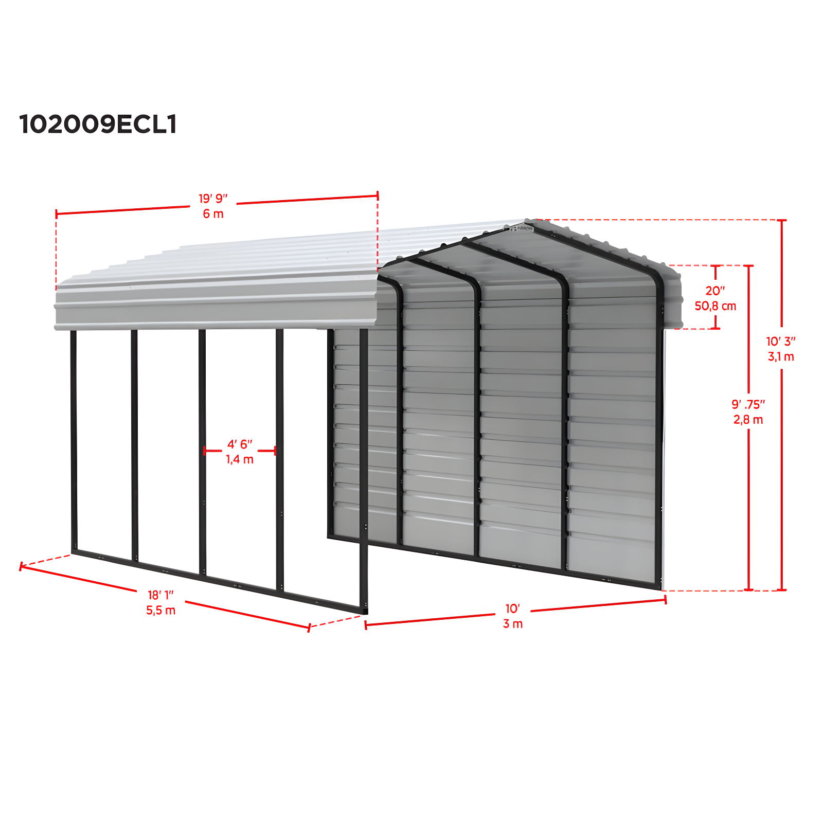 Arrow Arrow Steel Carport with 1 Side Wall Kit, 10x20x09