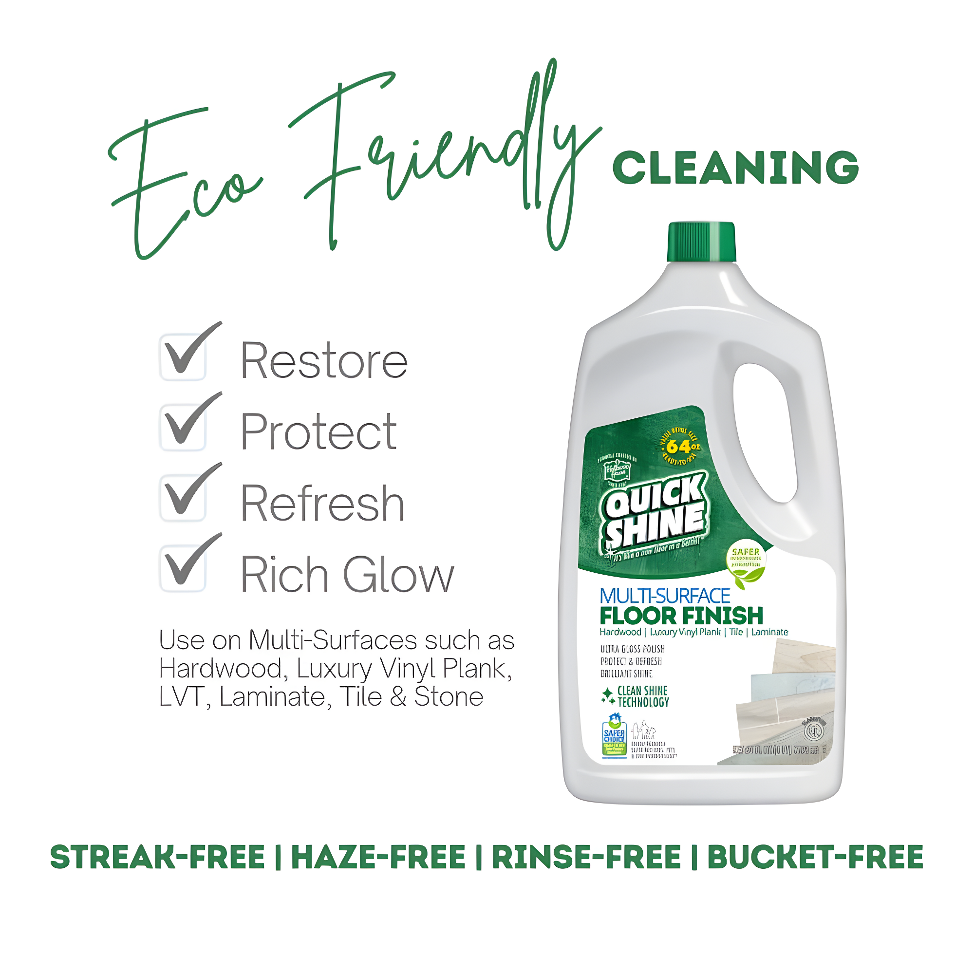 Quick Shine Multi-Surface Floor Finish & Polish, PFAS-Free Formula, 64 fl oz