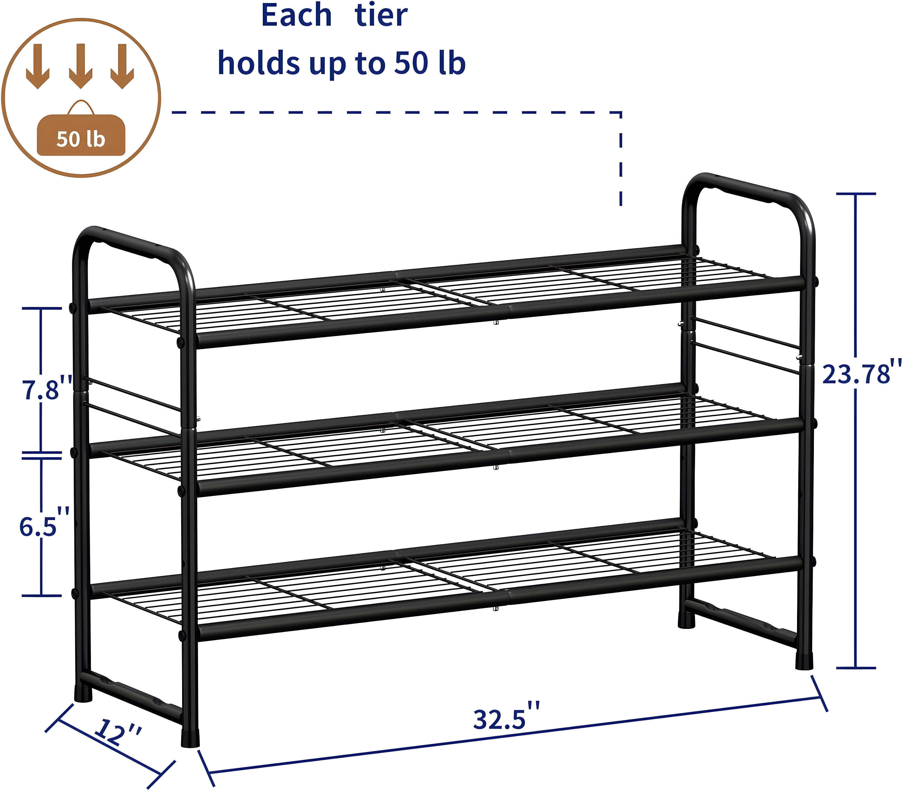 YASONIC Shoe Rack Storage Organizer, 3-Tier Black Shoe Shelf, 24 Pairs, Iron Poles & Plastic Connectors
